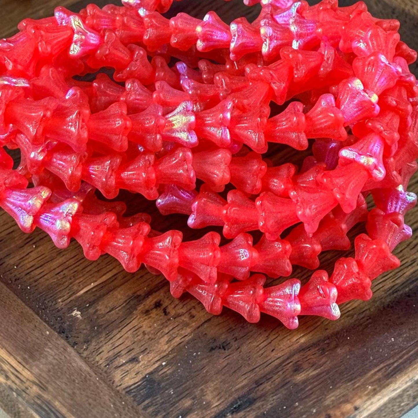 Czech Beads - 5x6mm Small Trumpet Bell Flower, Matte Scarlet Red with AB Finish (FLO/N-0600) * 30 Beads