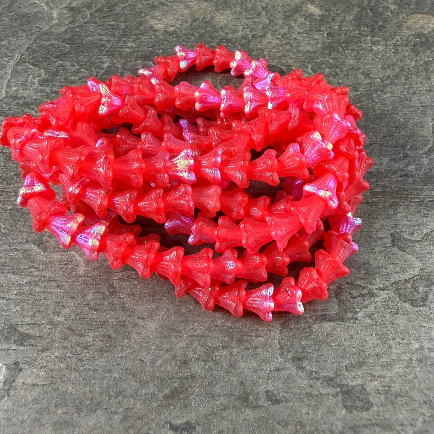Czech Beads - 5x6mm Small Trumpet Bell Flower, Matte Scarlet Red with AB Finish (FLO/N-0600) * 30 Beads