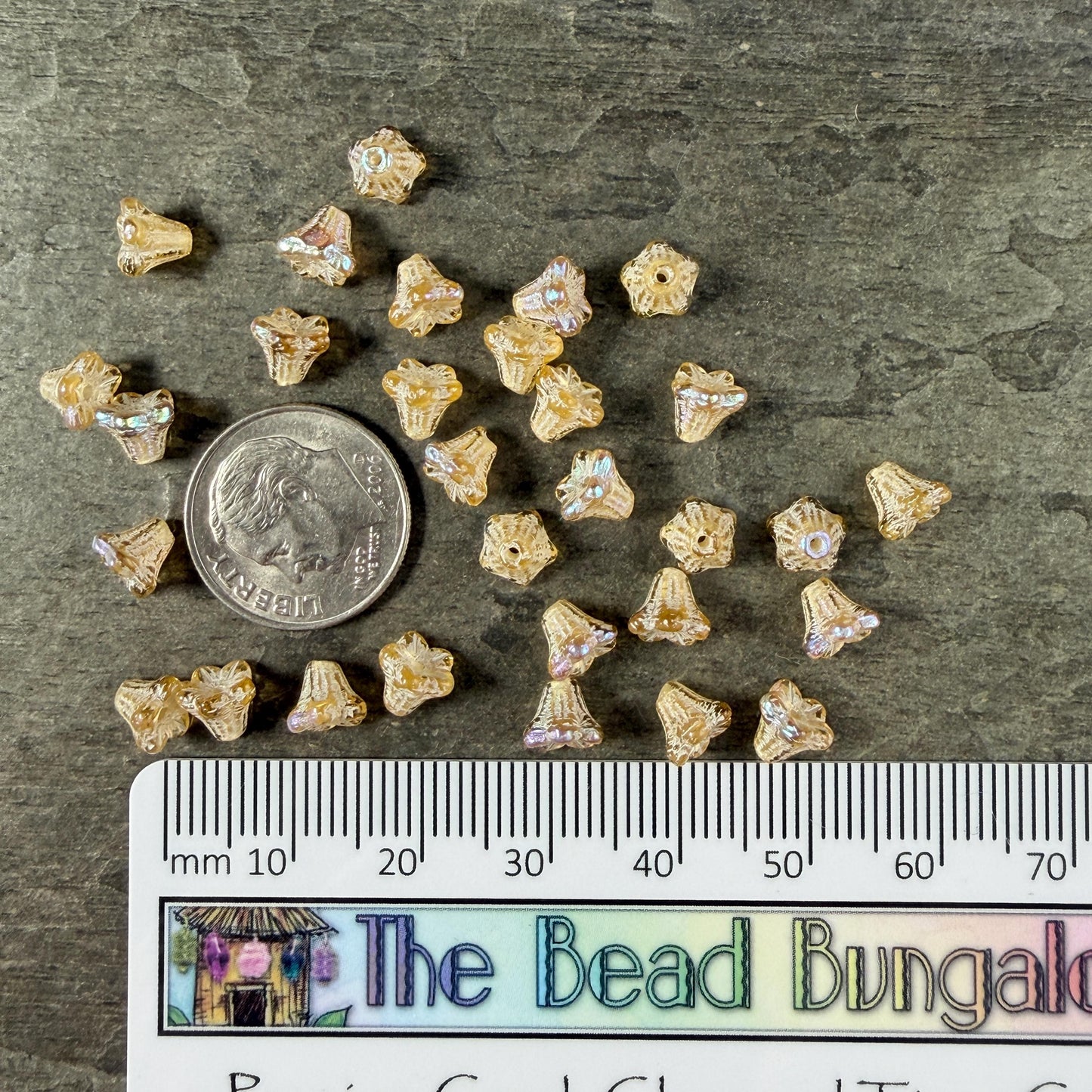 Czech Beads - 5x6mm Small Trumpet Bell Flower, Gold and White with AB Finish (FLO/N-0011) * 30 Beads