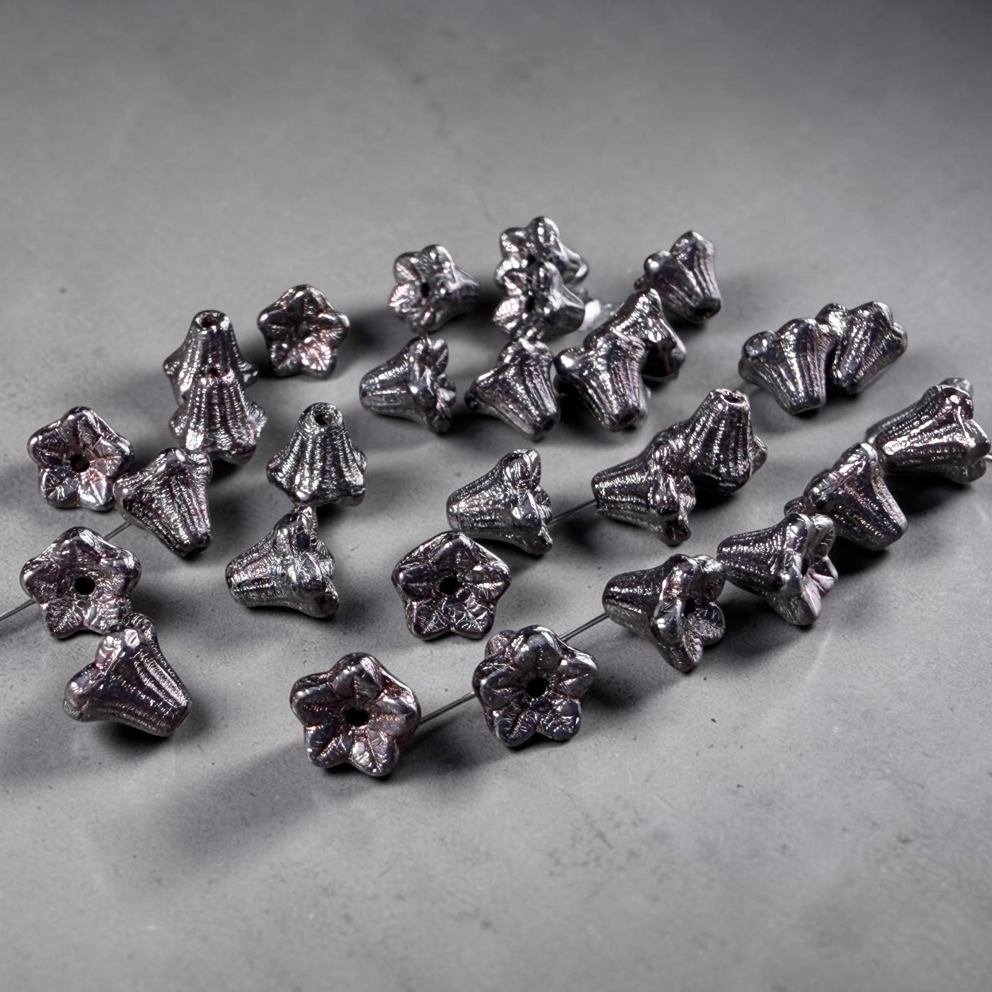 Czech Beads - 5x6mm Small Trumpet Bell Flower, Black Luster (FLO/N-0442) * 30 Beads