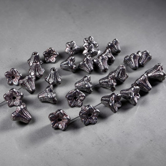 Czech Beads - 5x6mm Small Trumpet Bell Flower, Black Luster (FLO/N-0442) * 30 Beads