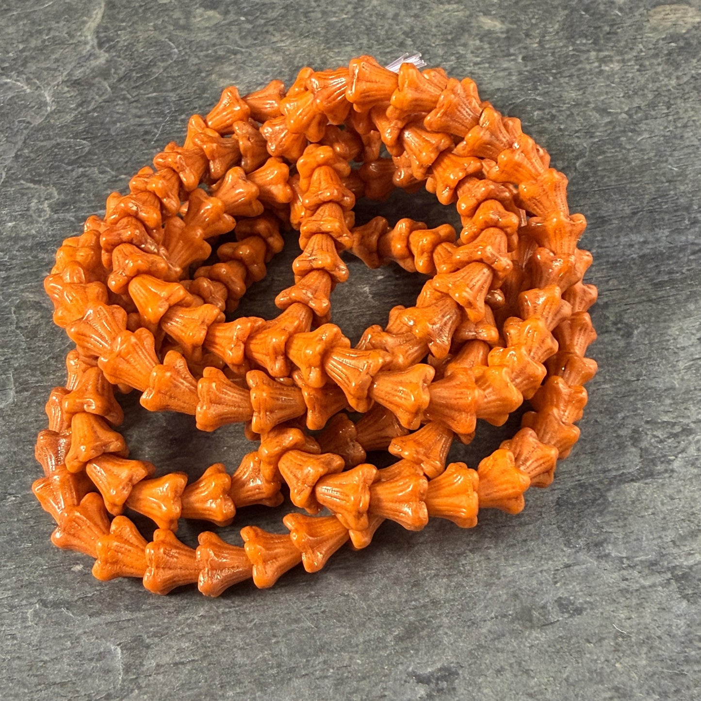 Czech Beads - 5x6mm Small Trumpet Bell Flower, Pumpkin Orange with Bronze Finish (FLO/N-1053) * 30 Beads