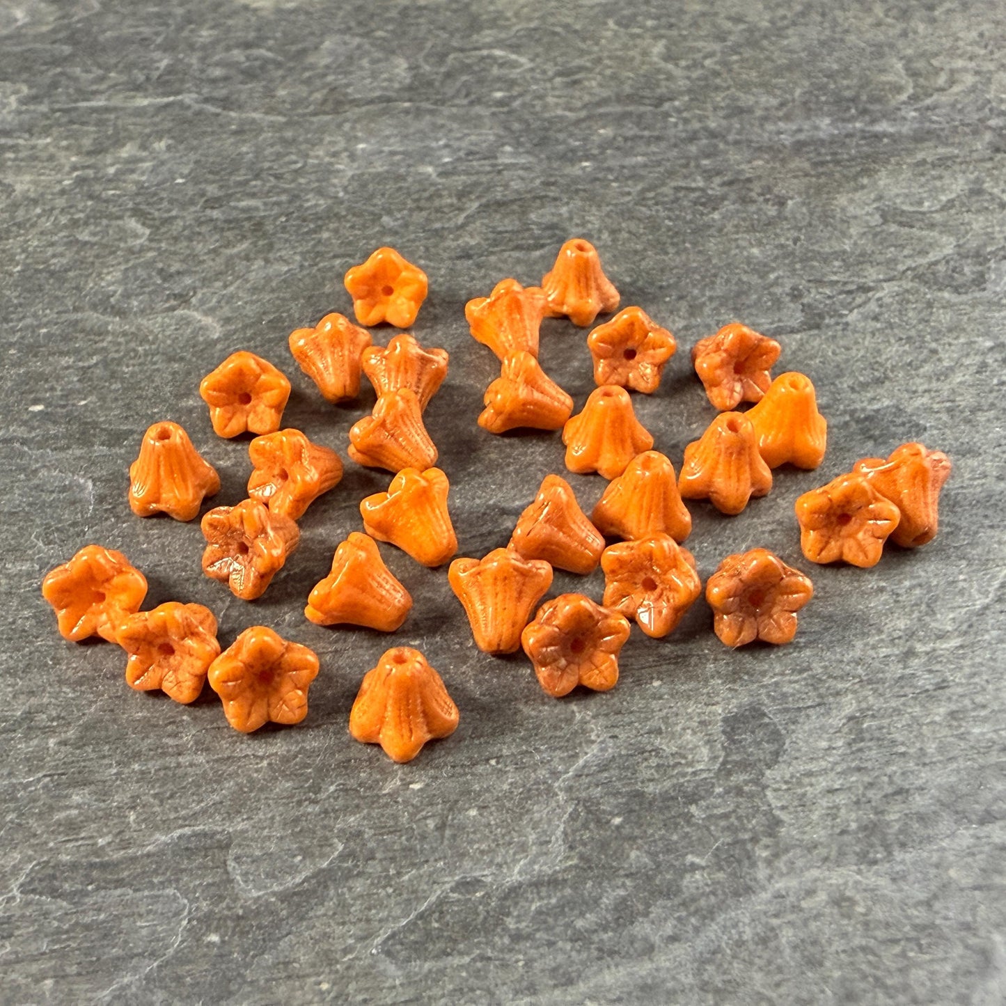 Czech Beads - 5x6mm Small Trumpet Bell Flower, Pumpkin Orange with Bronze Finish (FLO/N-1053) * 30 Beads