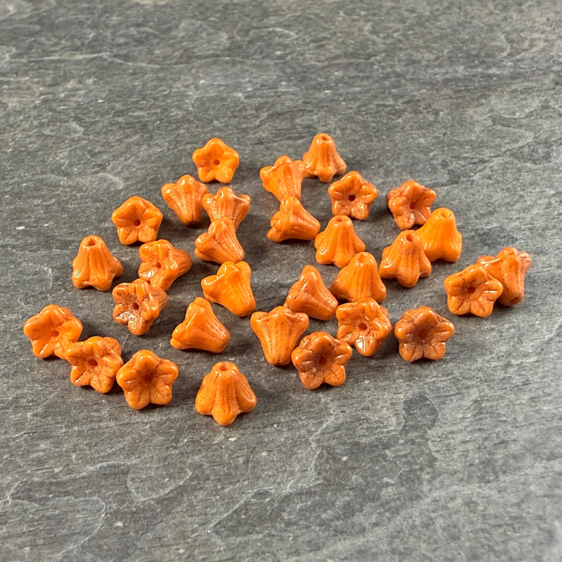 Czech Beads - 5x6mm Small Trumpet Bell Flower, Pumpkin Orange with Bronze Finish (FLO/N-1053) * 30 Beads