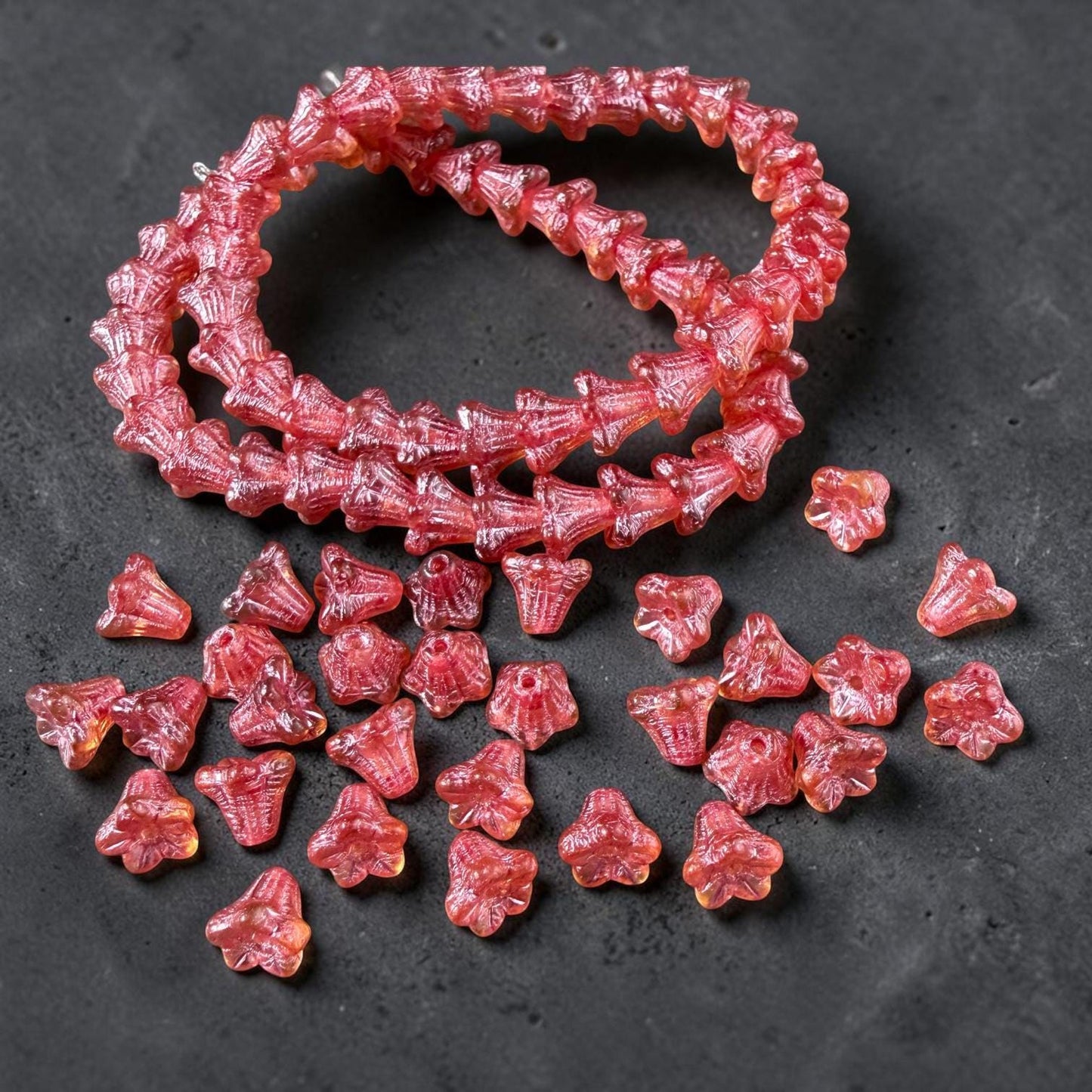 Czech Beads - 5x6mm Small Trumpet Bell Flower, Fuchsia Pink Luster (FLO/N-2266) * 30 Beads