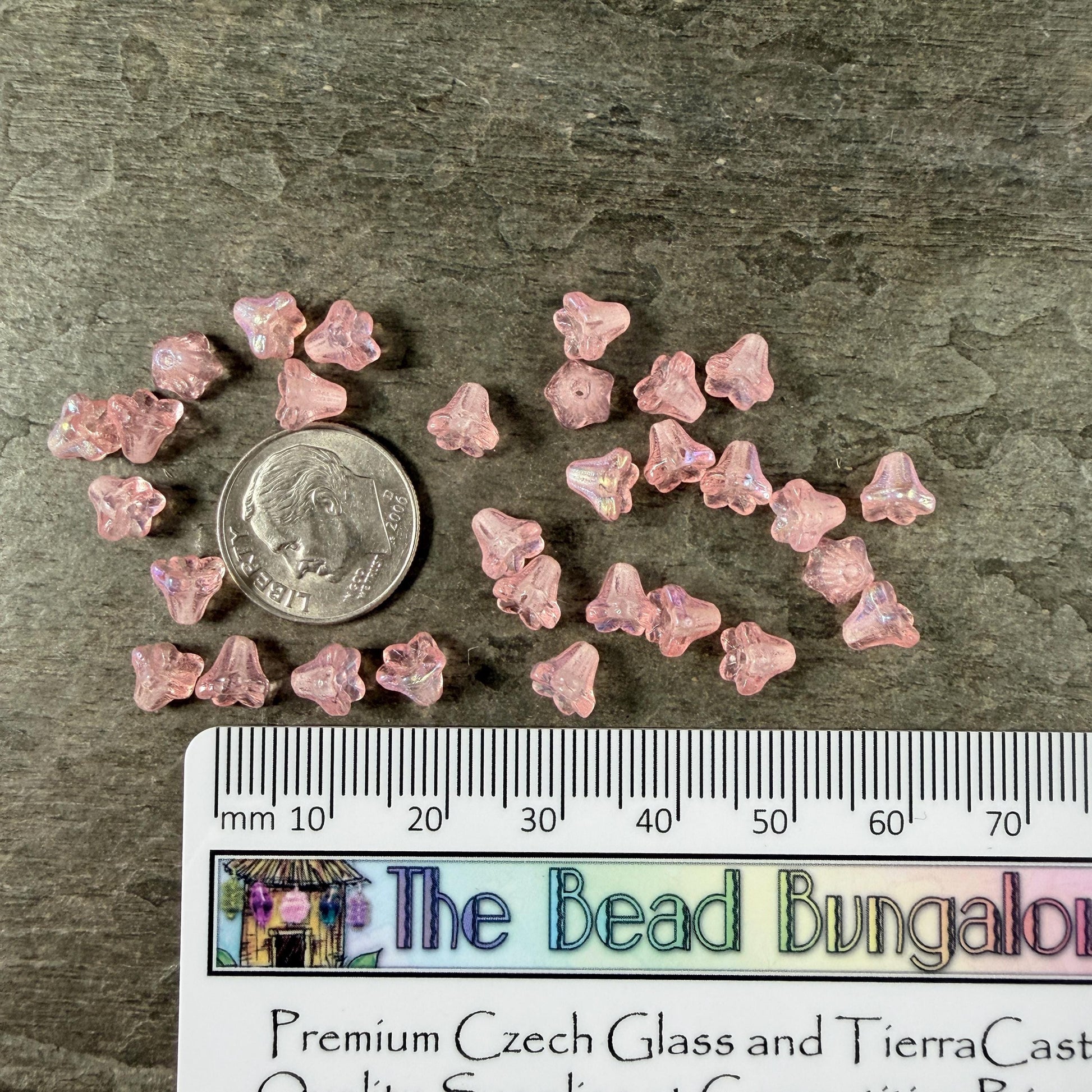 Czech Beads - 5x6mm Small Trumpet Bell Flower, Light Pink with AB Finish (FLO/N-2293) * 30 Beads