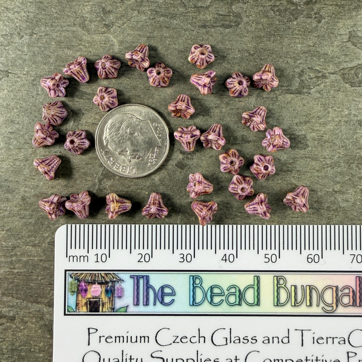 Czech Beads - 5x6mm Small Trumpet Bell Flower, Lavender with Purple Picasso (FLO/N-2301) * 30 Beads