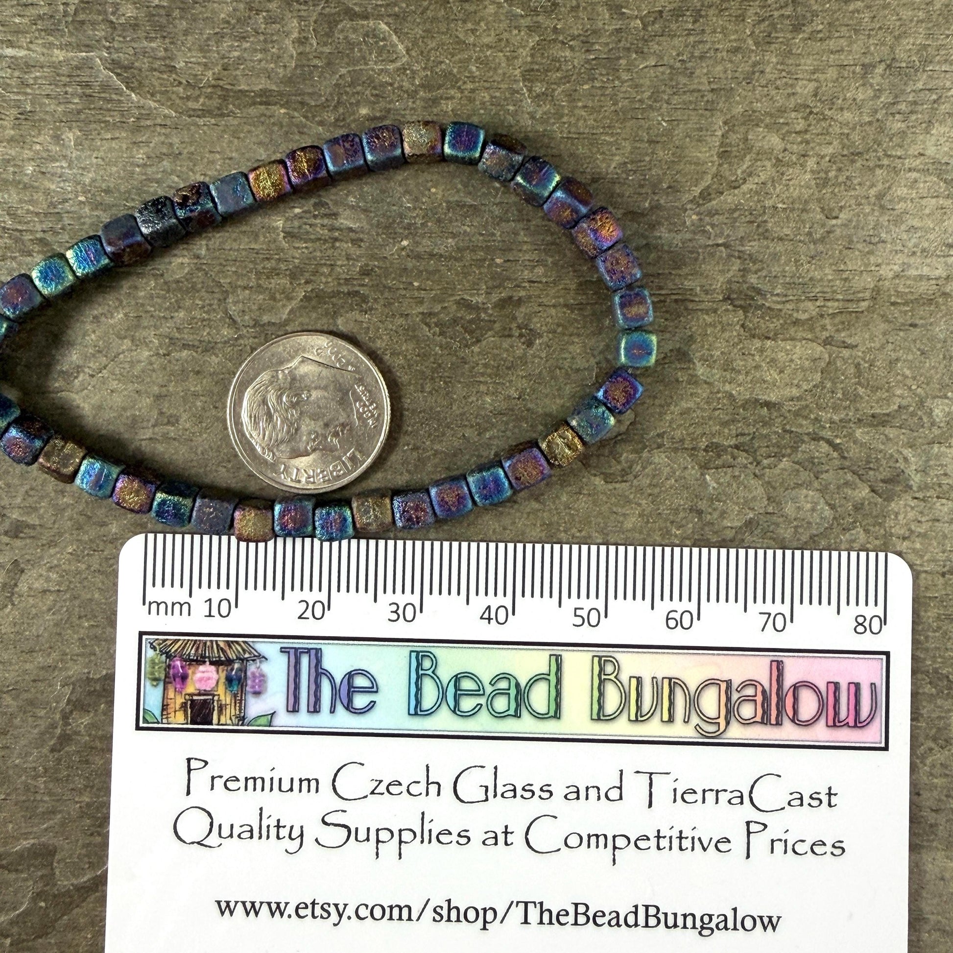 Czech Glass Beads - 4mm Cube Beads, Etched Iris Rainbow, Metallic (CUB/N-2290) * Qty. 40