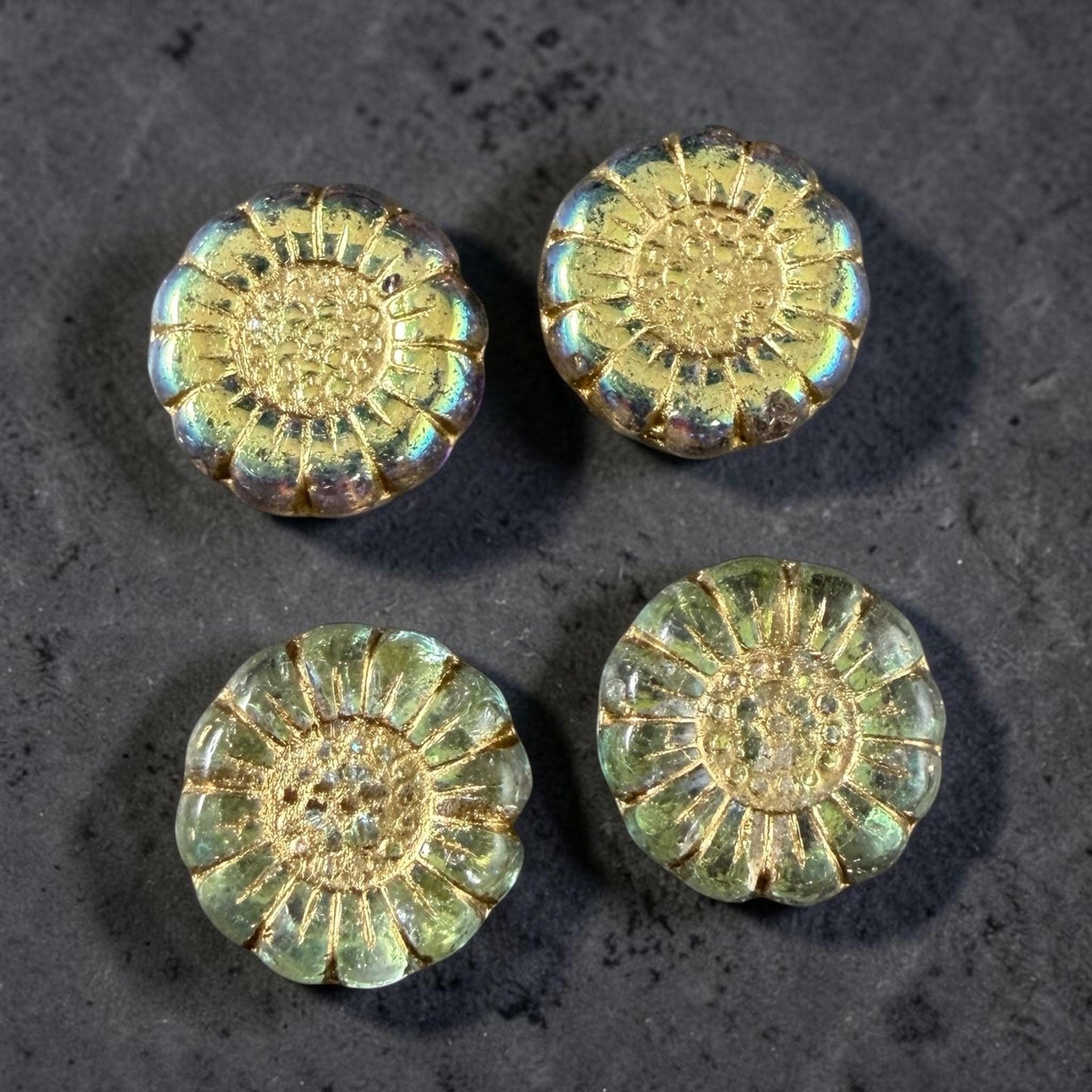 Czech Glass Beads - 13mm Sunflower Bead, Clear with Gold and AB Finish (SFW/N-1325) * Qty. 10