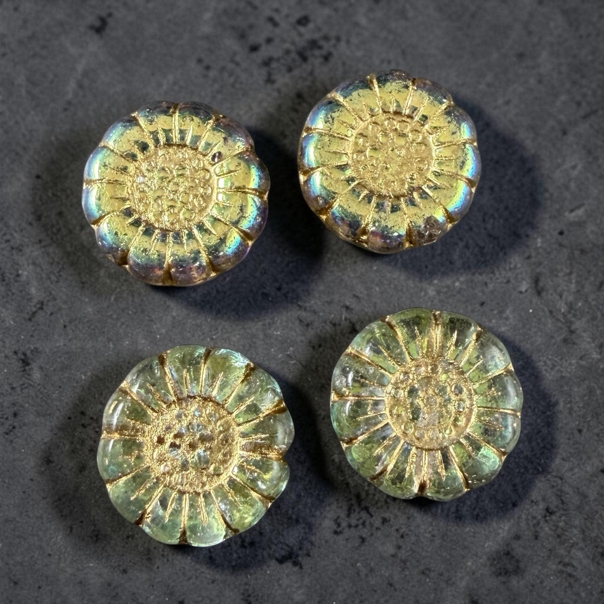 Czech Glass Beads - 13mm Sunflower Bead, Clear with Gold and AB Finish (SFW/N-1325) * Qty. 10