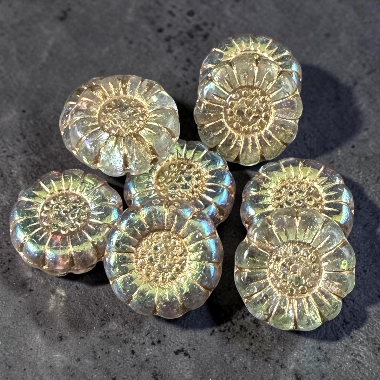 Czech Glass Beads - 13mm Sunflower Bead, Clear with Gold and AB Finish (SFW/N-1325) * Qty. 10
