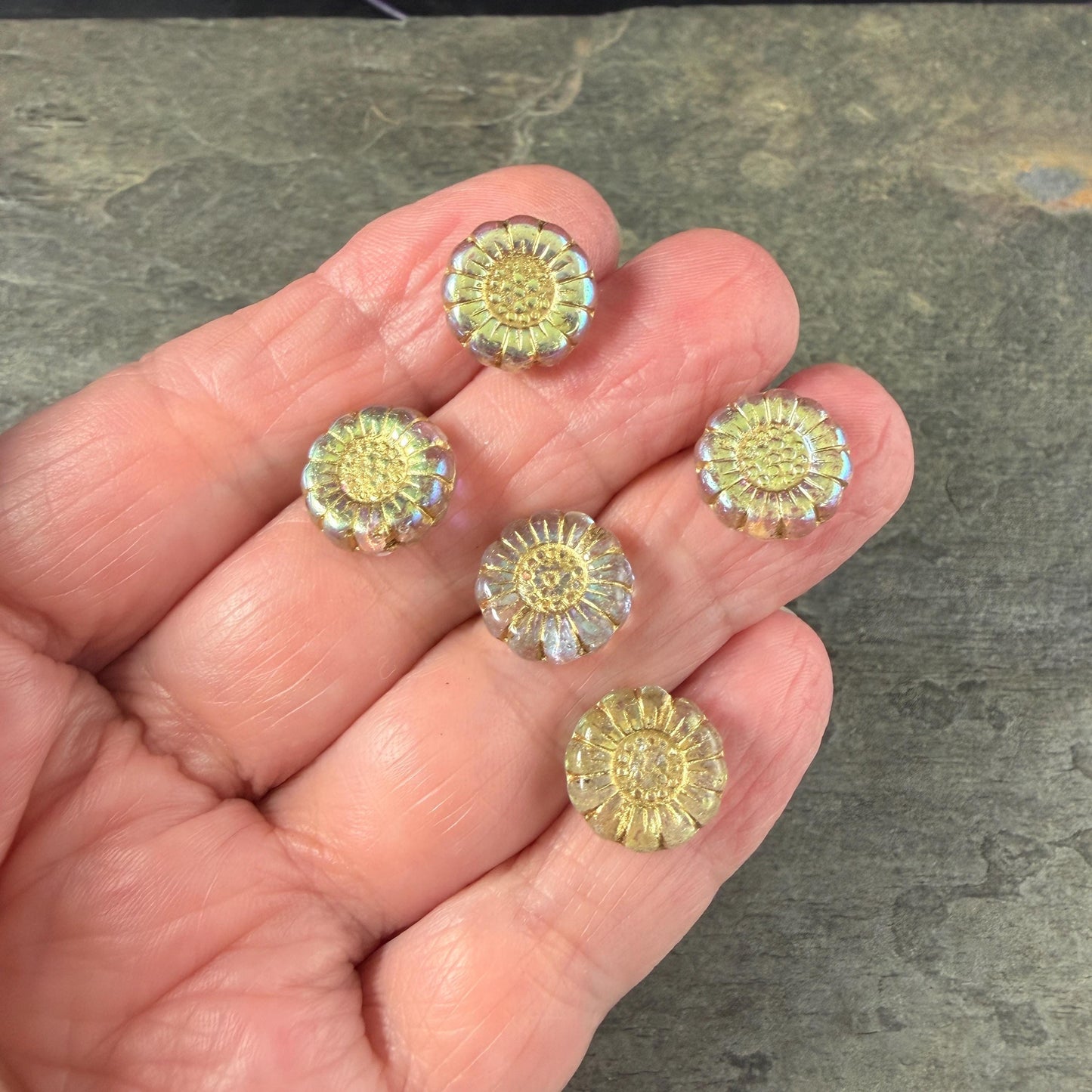Czech Glass Beads - 13mm Sunflower Bead, Clear with Gold and AB Finish (SFW/N-1325) * Qty. 10