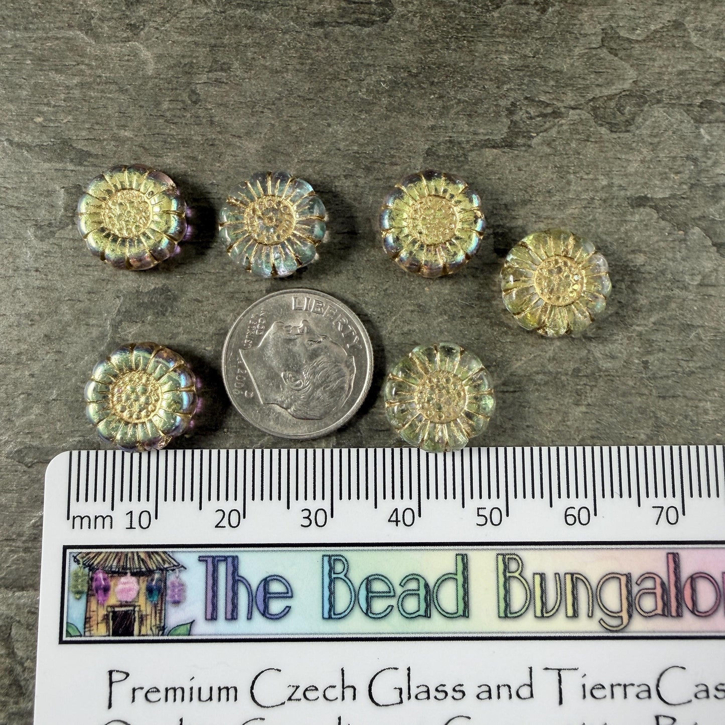 Czech Glass Beads - 13mm Sunflower Bead, Clear with Gold and AB Finish (SFW/N-1325) * Qty. 10