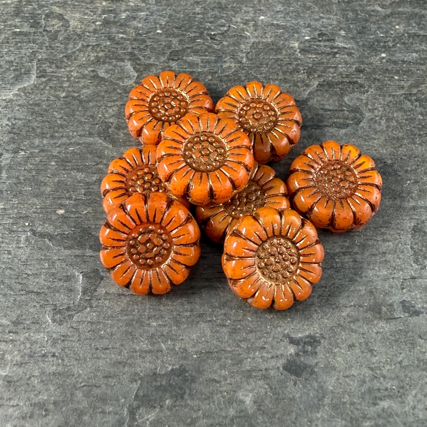Czech Glass Beads - 13mm Sunflower Bead, Opaque Orange with Bronze Wash (SFW/N-1317) * Qty. 10