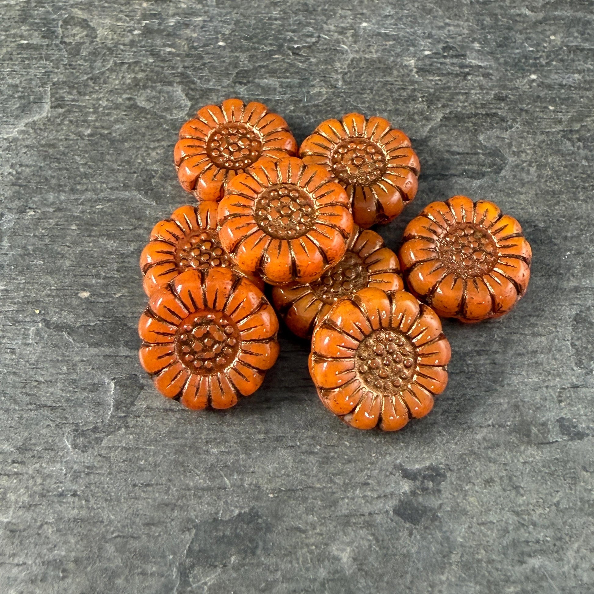 Czech Glass Beads - 13mm Sunflower Bead, Opaque Orange with Bronze Wash (SFW/N-1317) * Qty. 10
