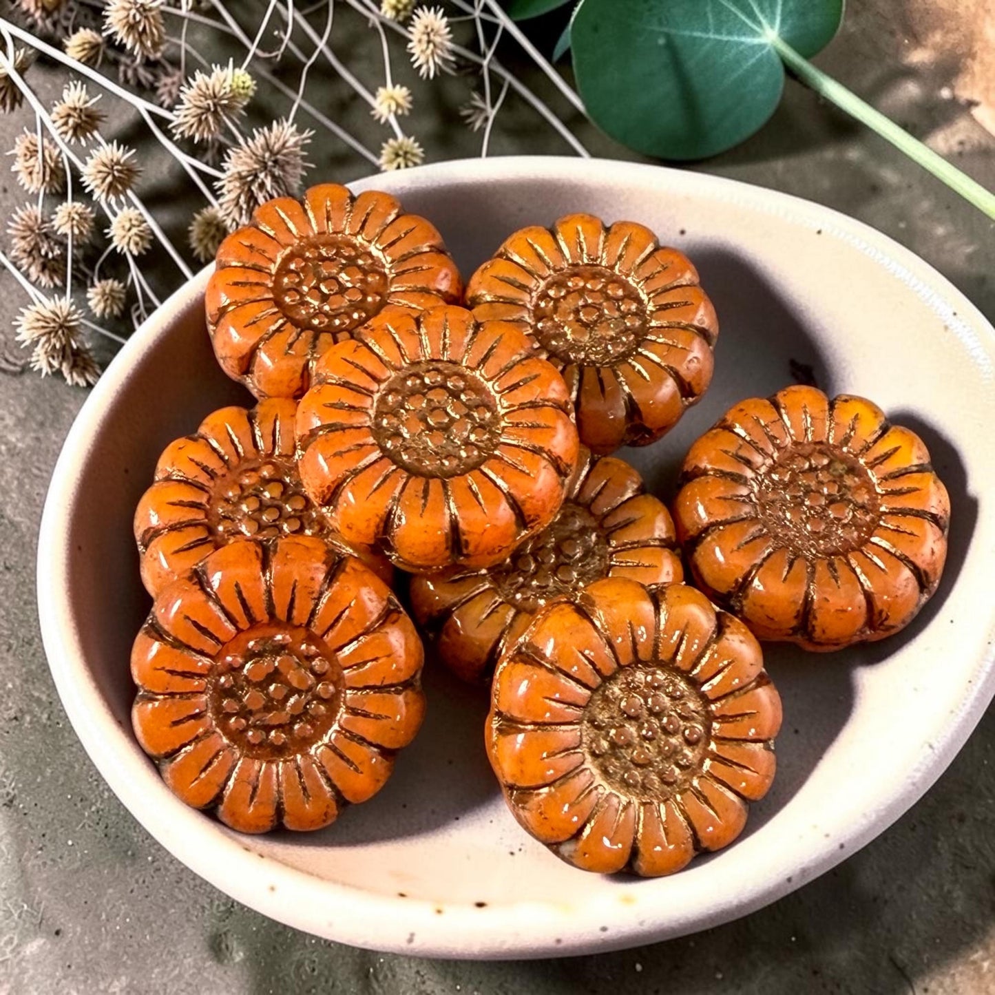 Czech Glass Beads - 13mm Sunflower Bead, Opaque Orange with Bronze Wash (SFW/N-1317) * Qty. 10