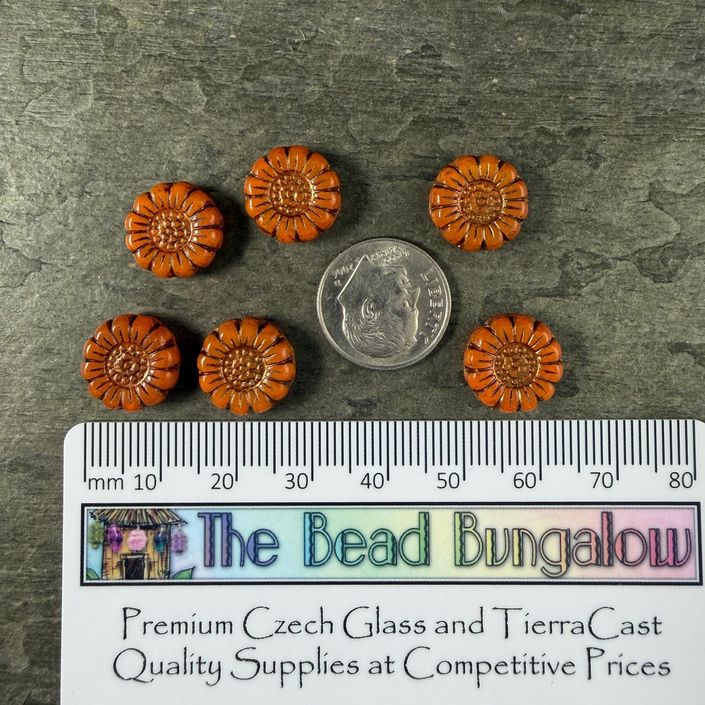 Czech Glass Beads - 13mm Sunflower Bead, Opaque Orange with Bronze Wash (SFW/N-1317) * Qty. 10