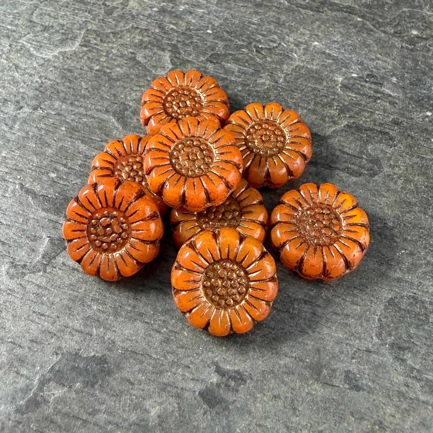Czech Glass Beads - 13mm Sunflower Bead, Opaque Orange with Bronze Wash (SFW/N-1317) * Qty. 10