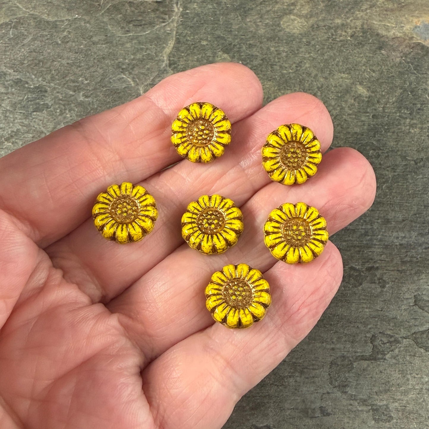 Czech Glass Beads - 13mm Sunflower Bead, Dandelion Yellow with Bronze Wash (SFW/N-2217) * Qty. 10