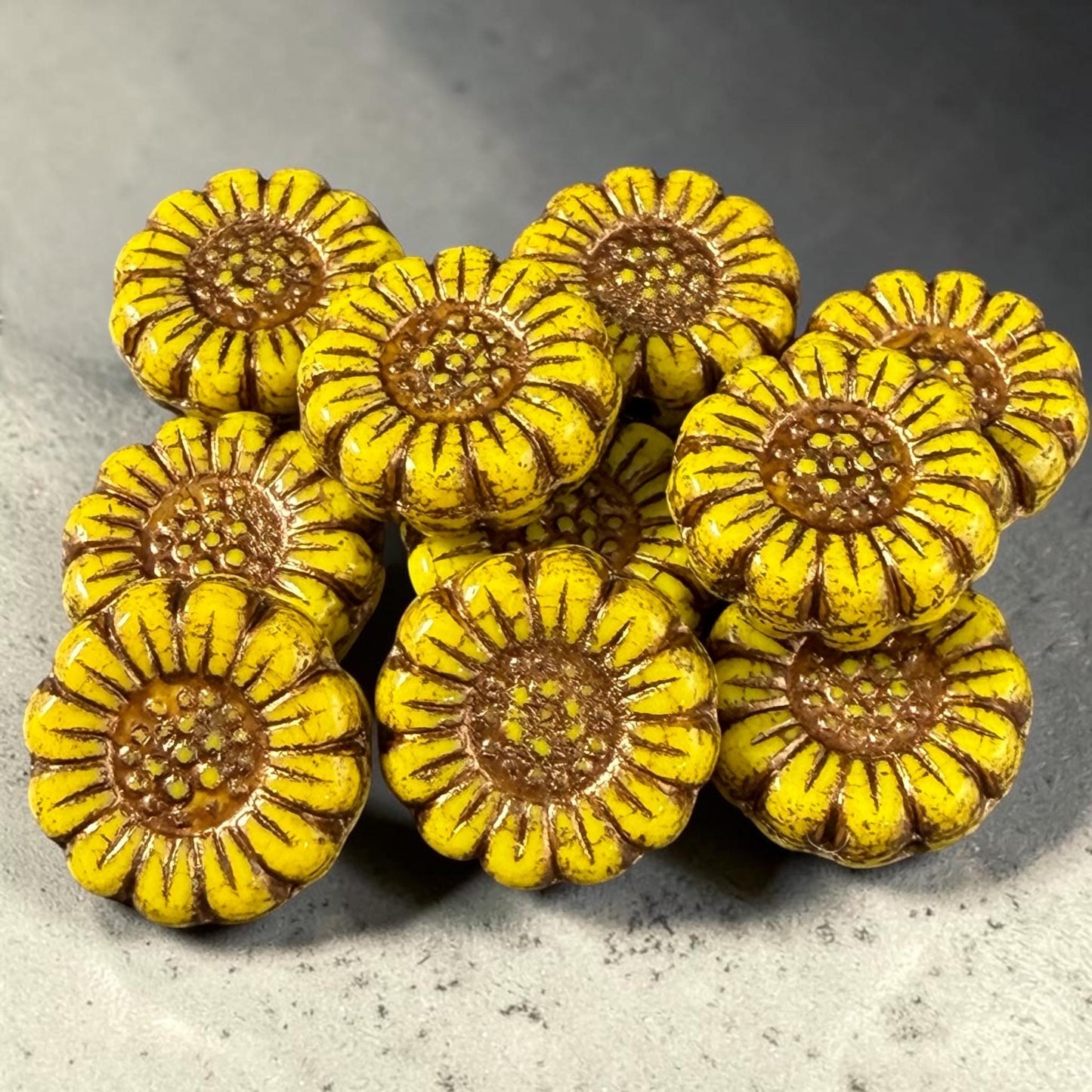Czech Glass Beads - 13mm Sunflower Bead, Dandelion Yellow with Bronze Wash (SFW/N-2217) * Qty. 10