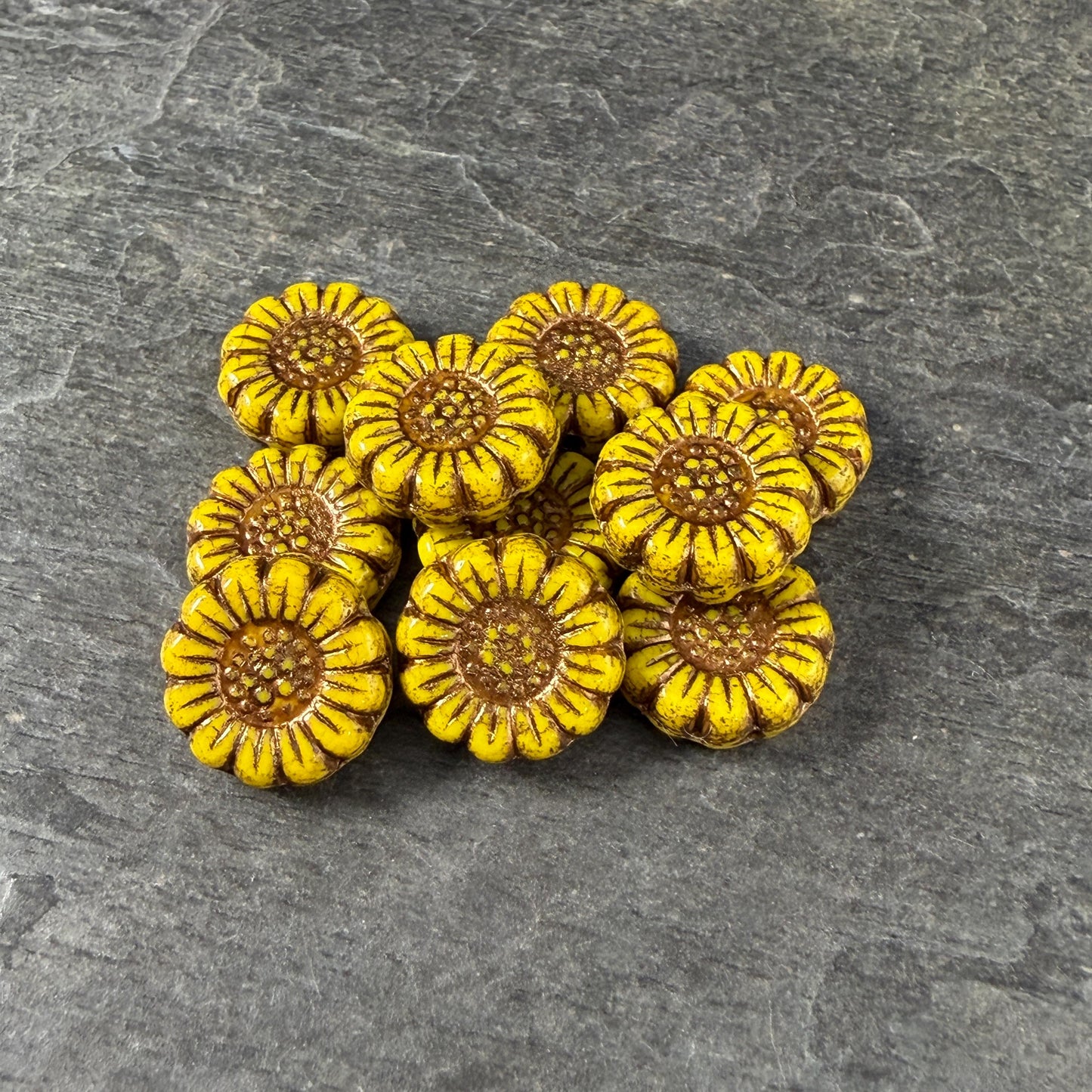 Czech Glass Beads - 13mm Sunflower Bead, Dandelion Yellow with Bronze Wash (SFW/N-2217) * Qty. 10