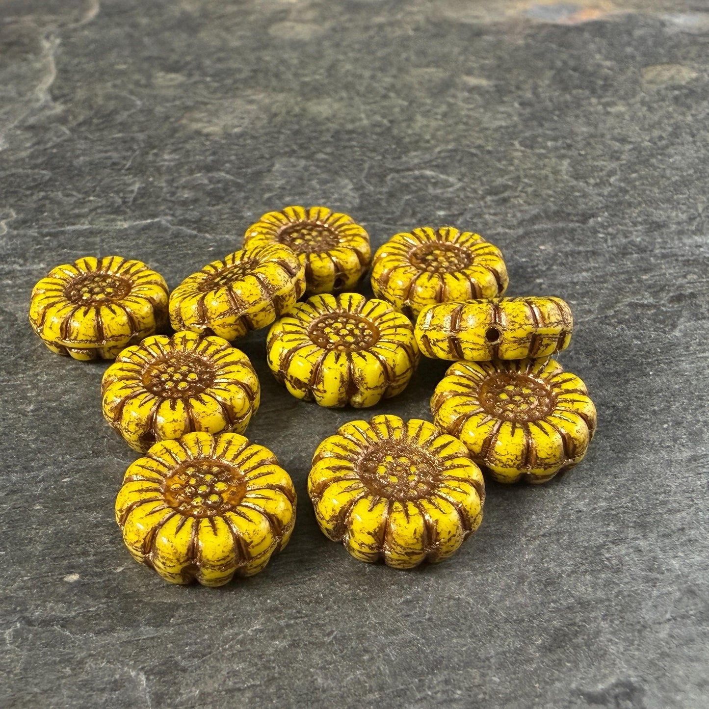 Czech Glass Beads - 13mm Sunflower Bead, Dandelion Yellow with Bronze Wash (SFW/N-2217) * Qty. 10
