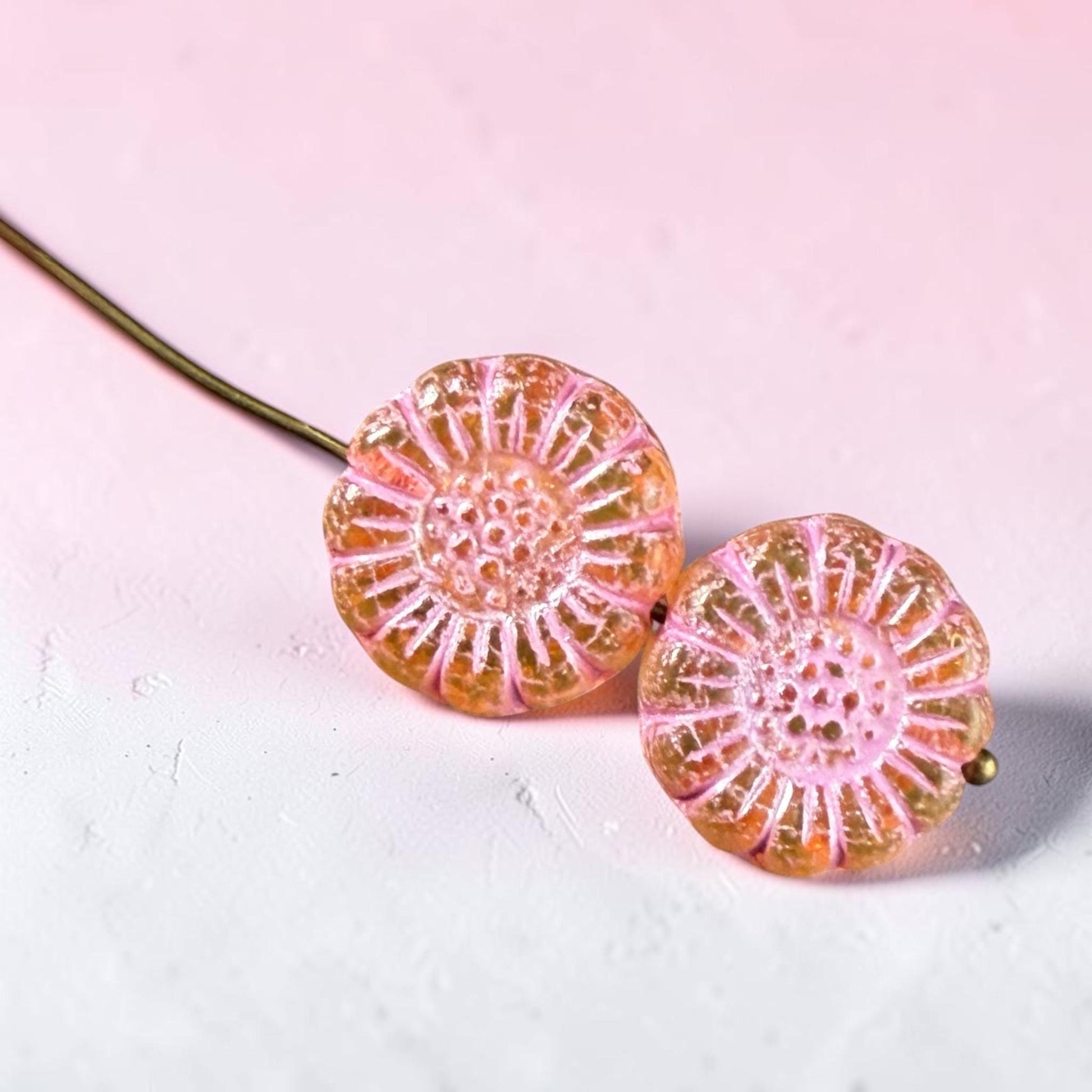 Czech Glass Beads - 13mm Sunflower Bead, Light Topaz with Pink Wash (SFW/N-0961) * Qty. 10
