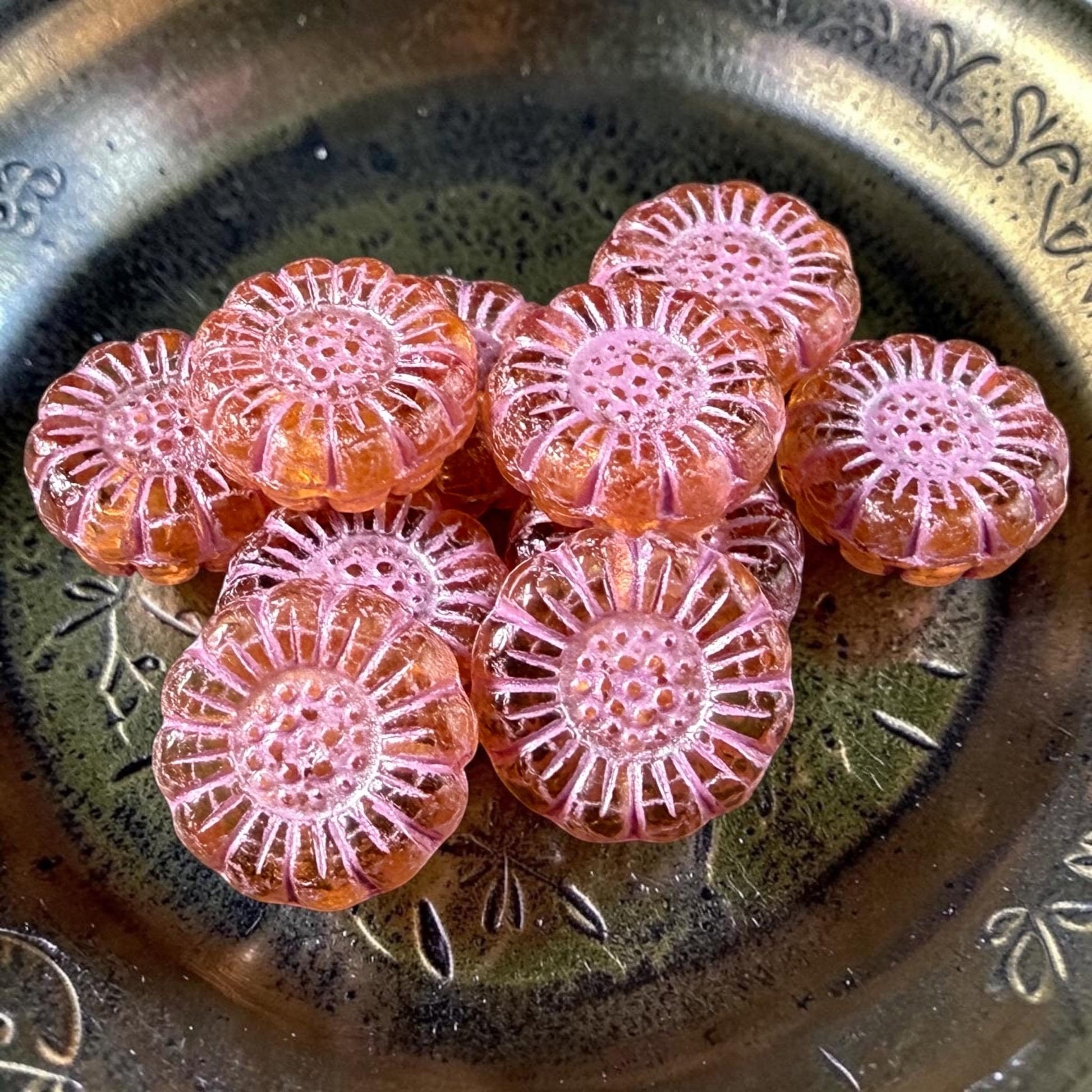 Czech Glass Beads - 13mm Sunflower Bead, Light Topaz with Pink Wash (SFW/N-0961) * Qty. 10