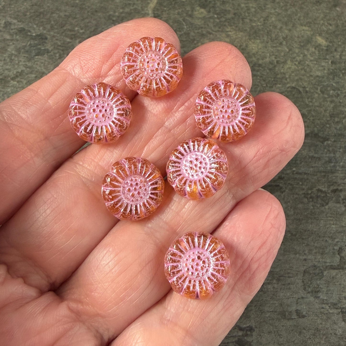 Czech Glass Beads - 13mm Sunflower Bead, Light Topaz with Pink Wash (SFW/N-0961) * Qty. 10