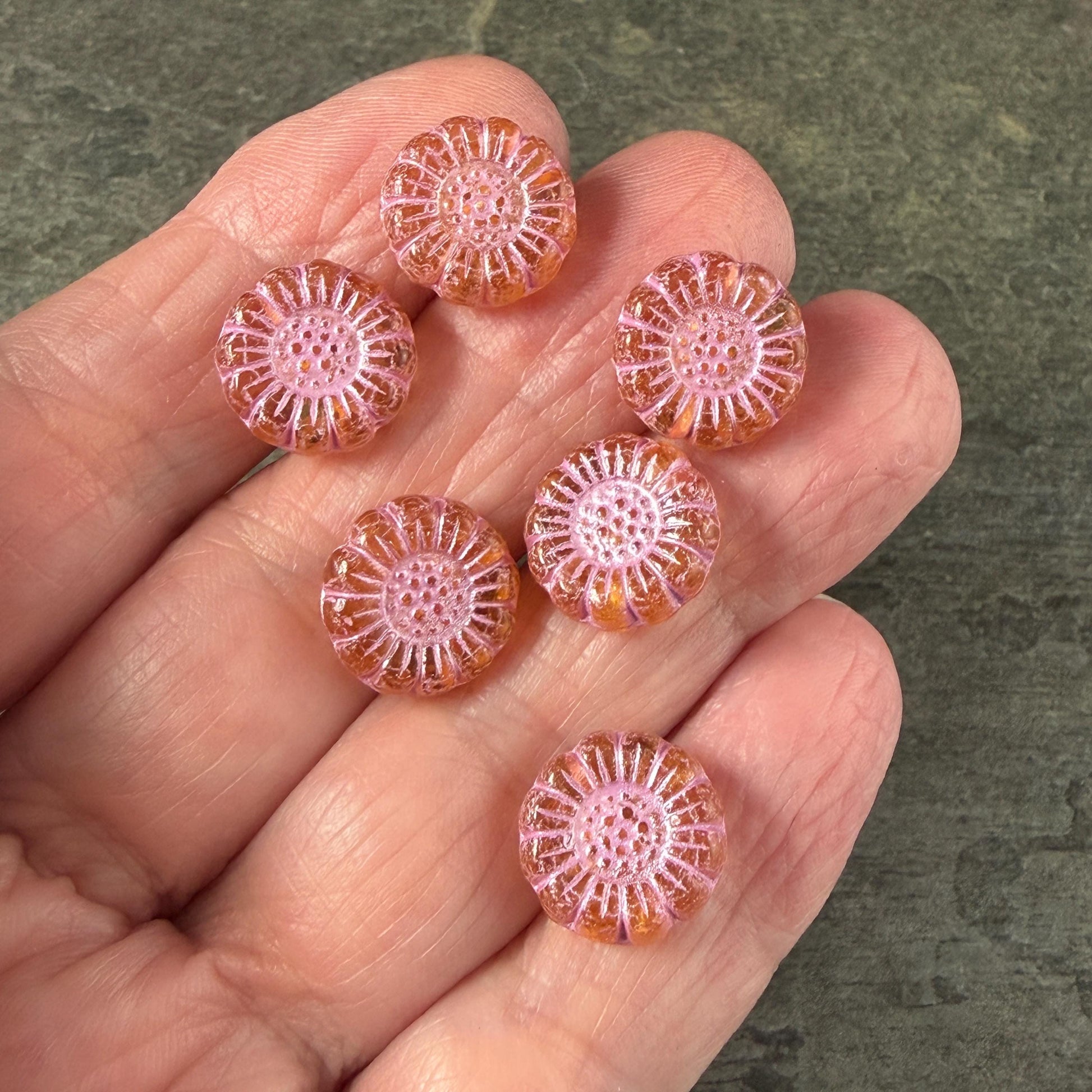 Czech Glass Beads - 13mm Sunflower Bead, Light Topaz with Pink Wash (SFW/N-0961) * Qty. 10
