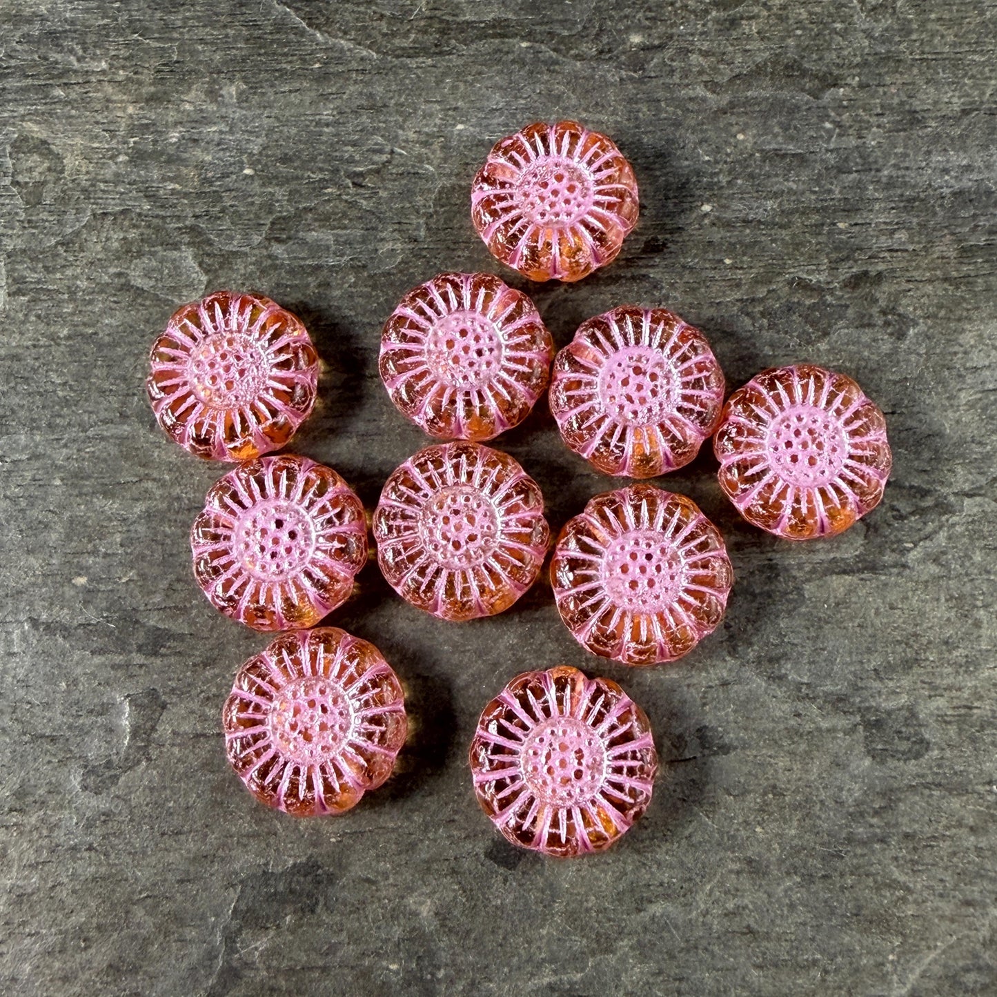 Czech Glass Beads - 13mm Sunflower Bead, Light Topaz with Pink Wash (SFW/N-0961) * Qty. 10