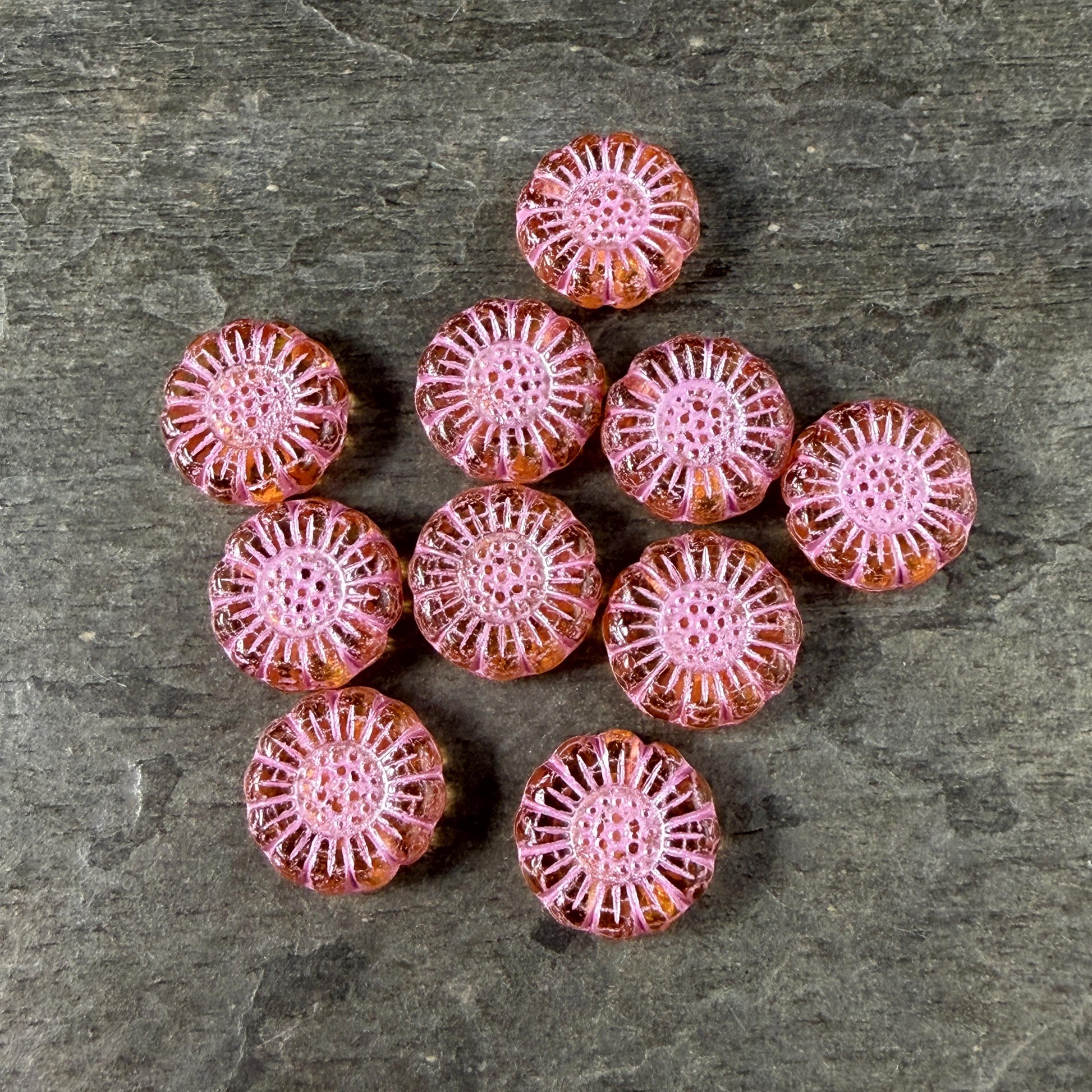 Czech Glass Beads - 13mm Sunflower Bead, Light Topaz with Pink Wash (SFW/N-0961) * Qty. 10
