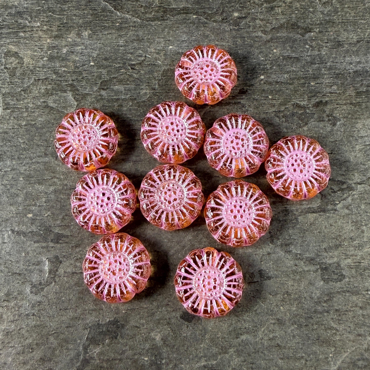 Czech Glass Beads - 13mm Sunflower Bead, Light Topaz with Pink Wash (SFW/N-0961) * Qty. 10