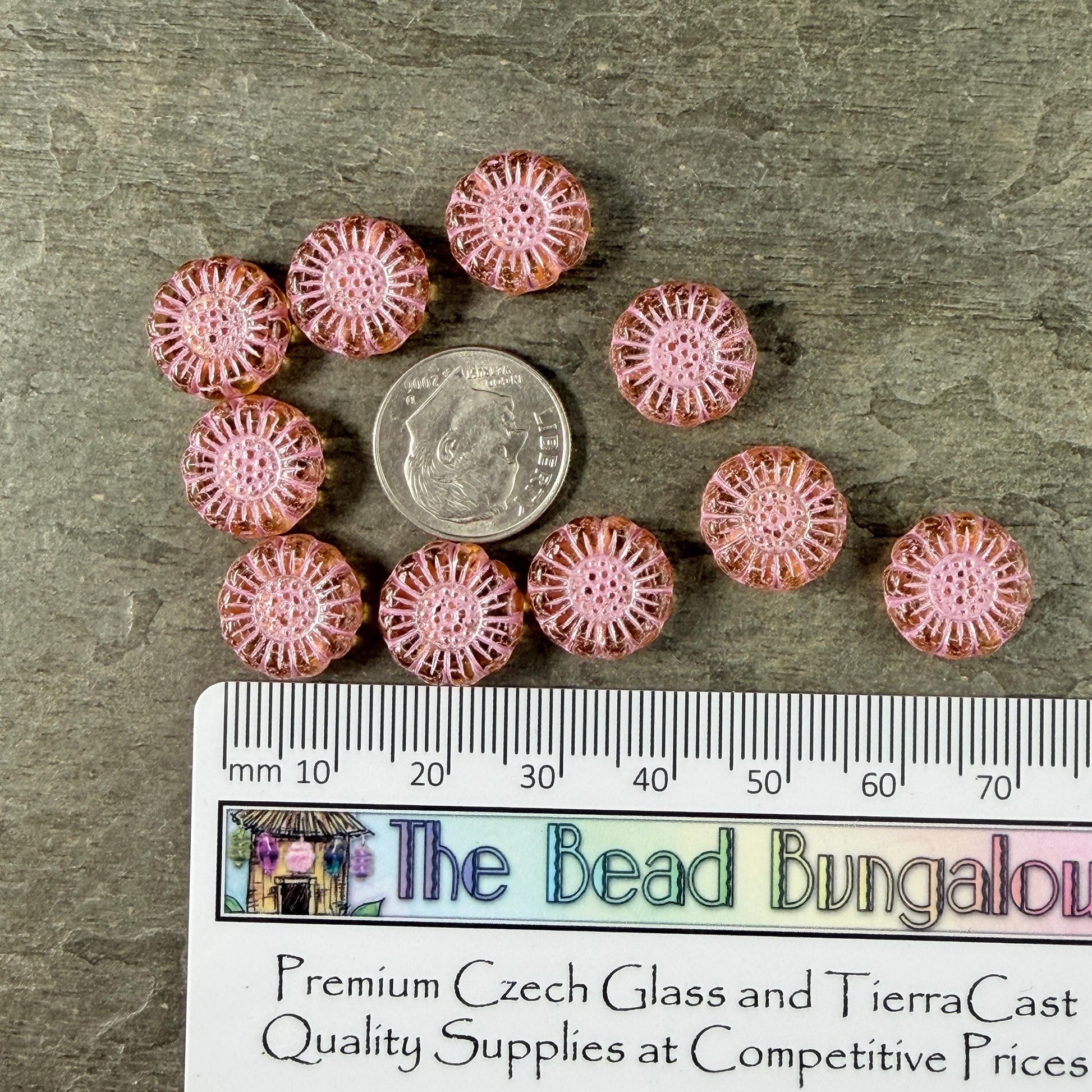 Czech Glass Beads - 13mm Sunflower Bead, Light Topaz with Pink Wash (SFW/N-0961) * Qty. 10