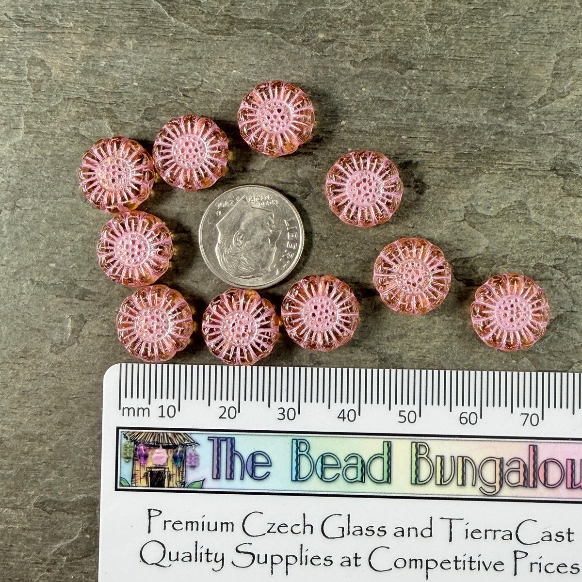 Czech Glass Beads - 13mm Sunflower Bead, Light Topaz with Pink Wash (SFW/N-0961) * Qty. 10