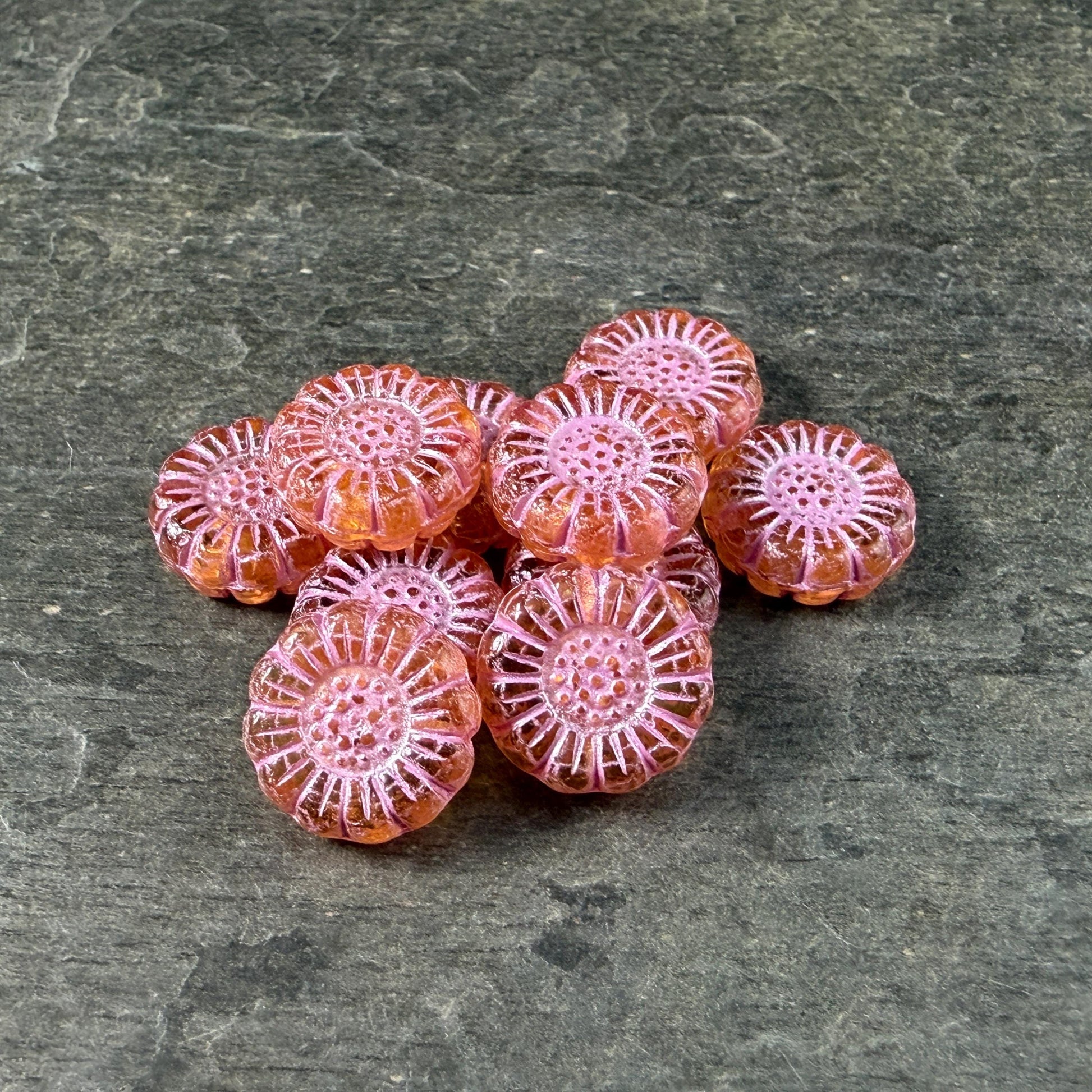 Czech Glass Beads - 13mm Sunflower Bead, Light Topaz with Pink Wash (SFW/N-0961) * Qty. 10