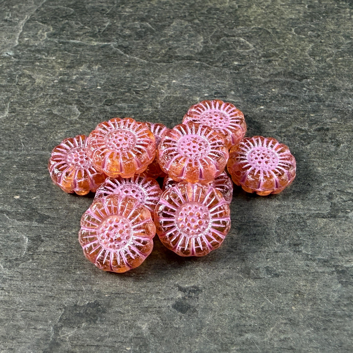 Czech Glass Beads - 13mm Sunflower Bead, Light Topaz with Pink Wash (SFW/N-0961) * Qty. 10