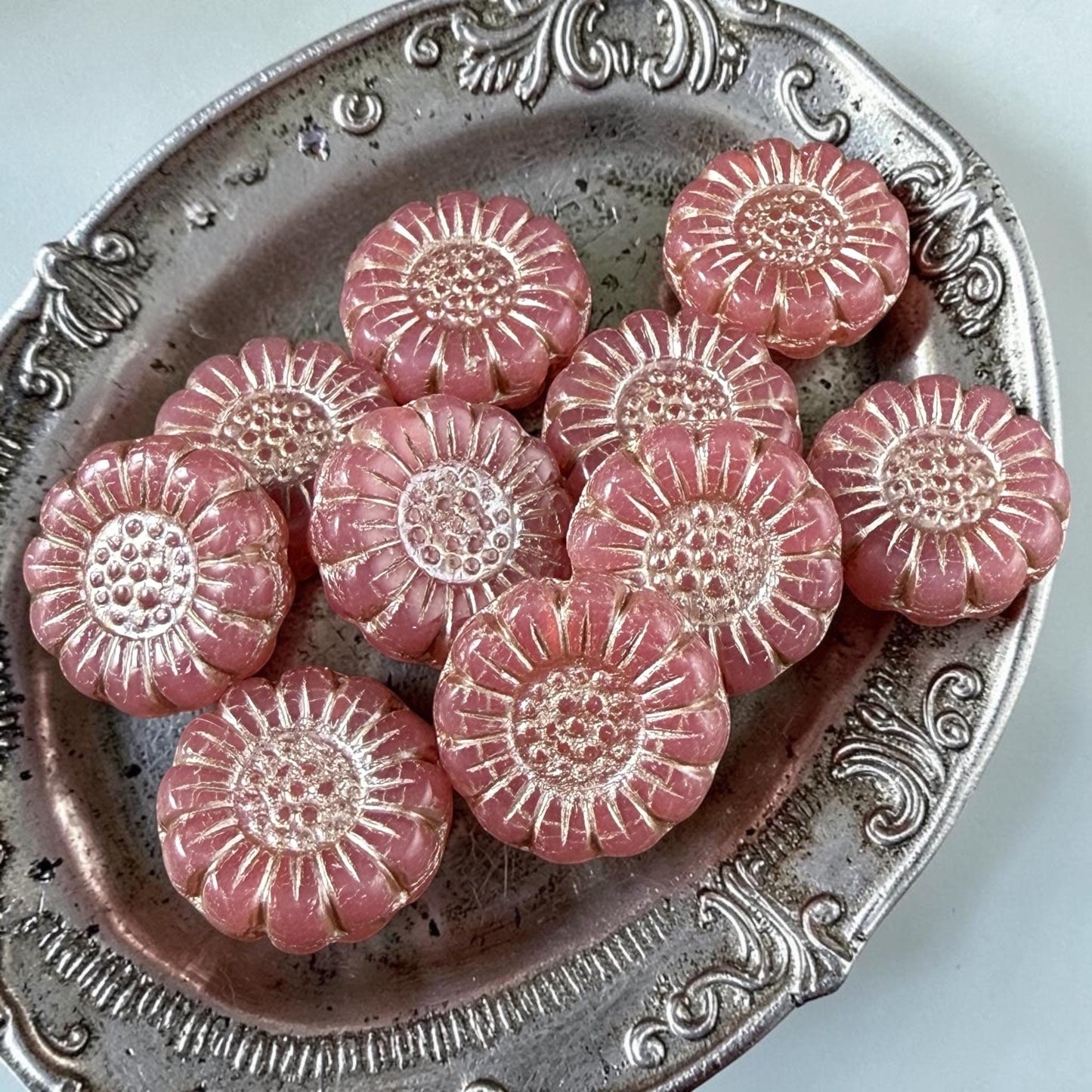 Czech Glass Beads - 13mm Sunflower Bead, Dusty Pink with Platinum Wash (SFW/N-0715) * Qty. 10