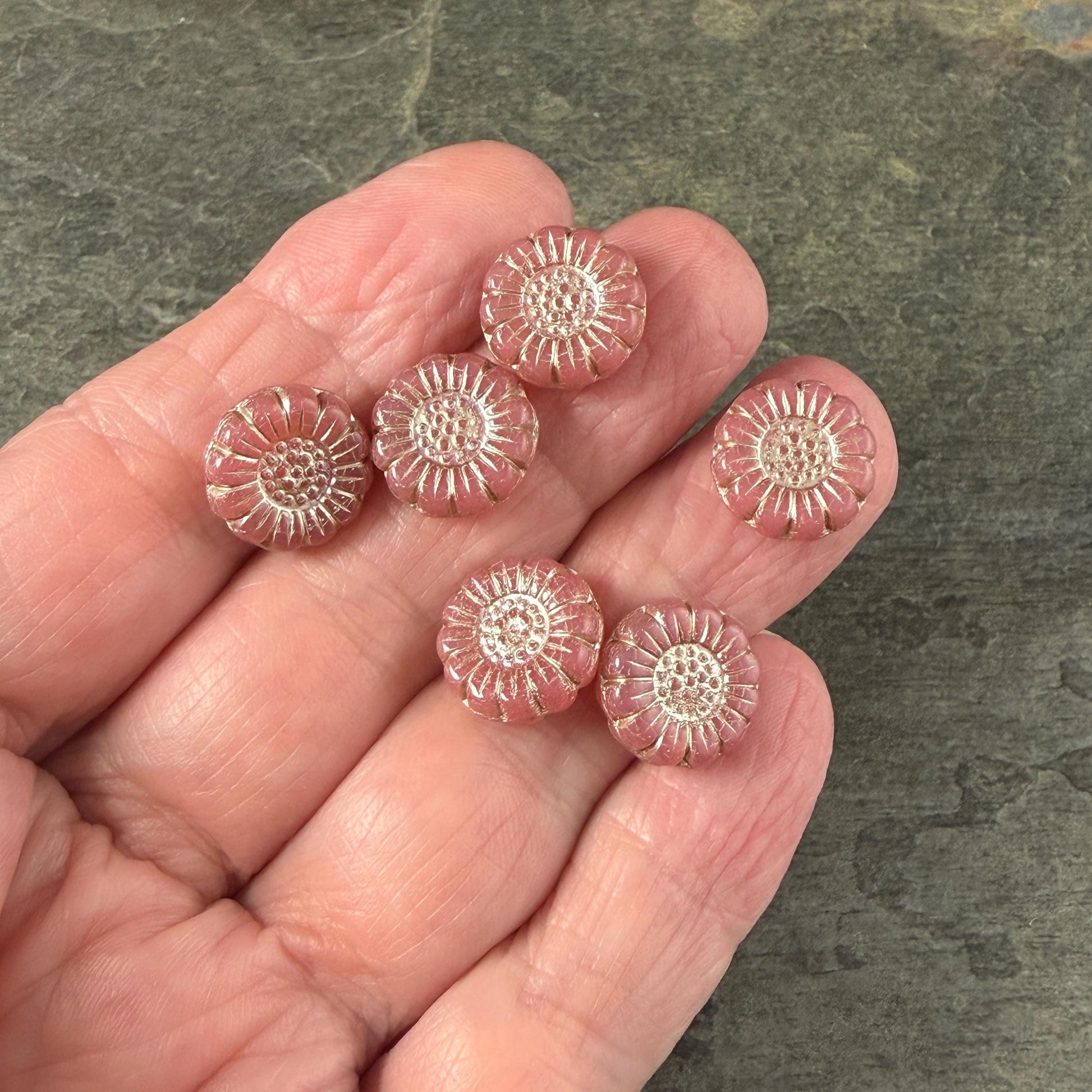 Czech Glass Beads - 13mm Sunflower Bead, Dusty Pink with Platinum Wash (SFW/N-0715) * Qty. 10