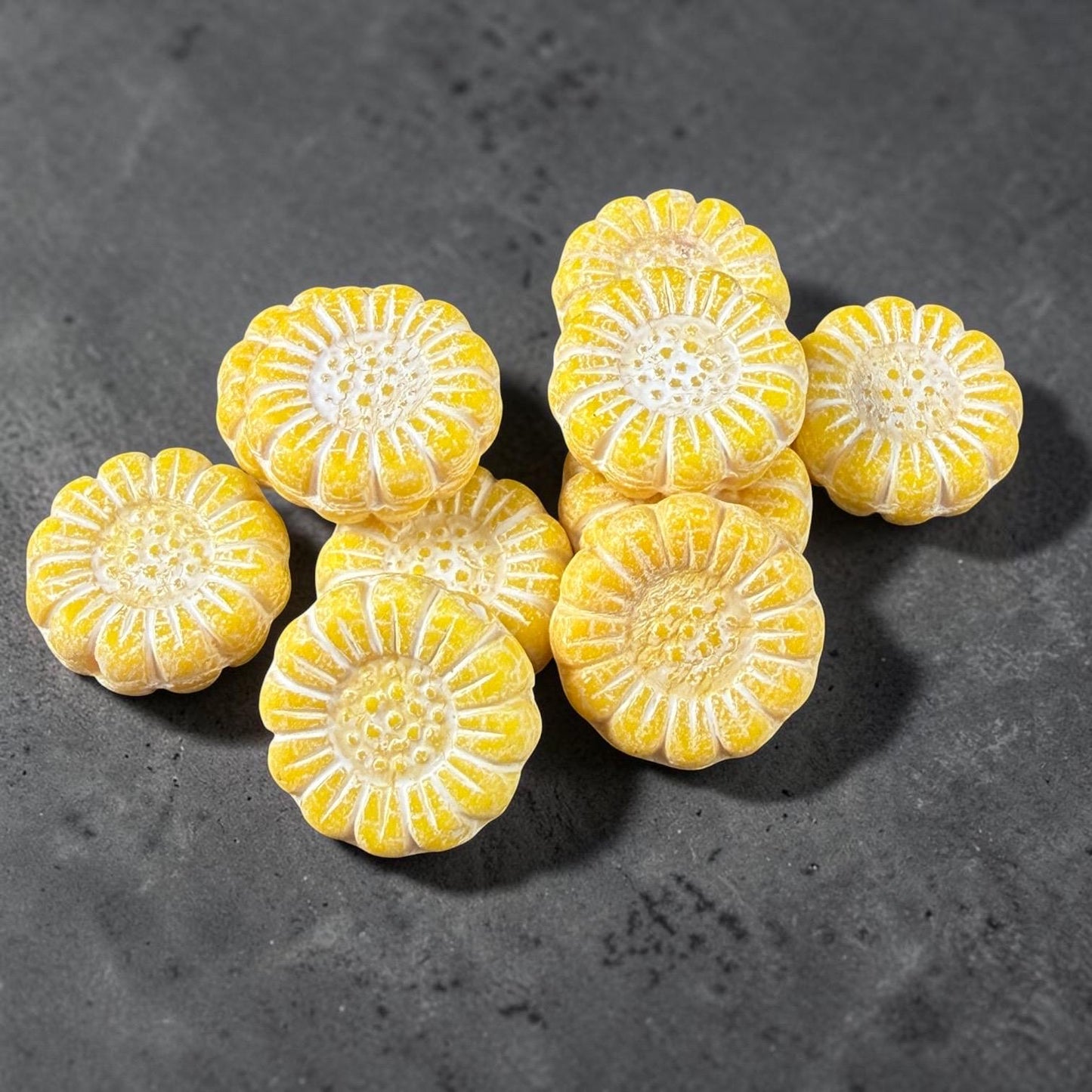 Czech Glass Beads - 13mm Sunflower Bead, Soft Opaque Yellow with White Wash (SFW/N-2231) * Qty. 10