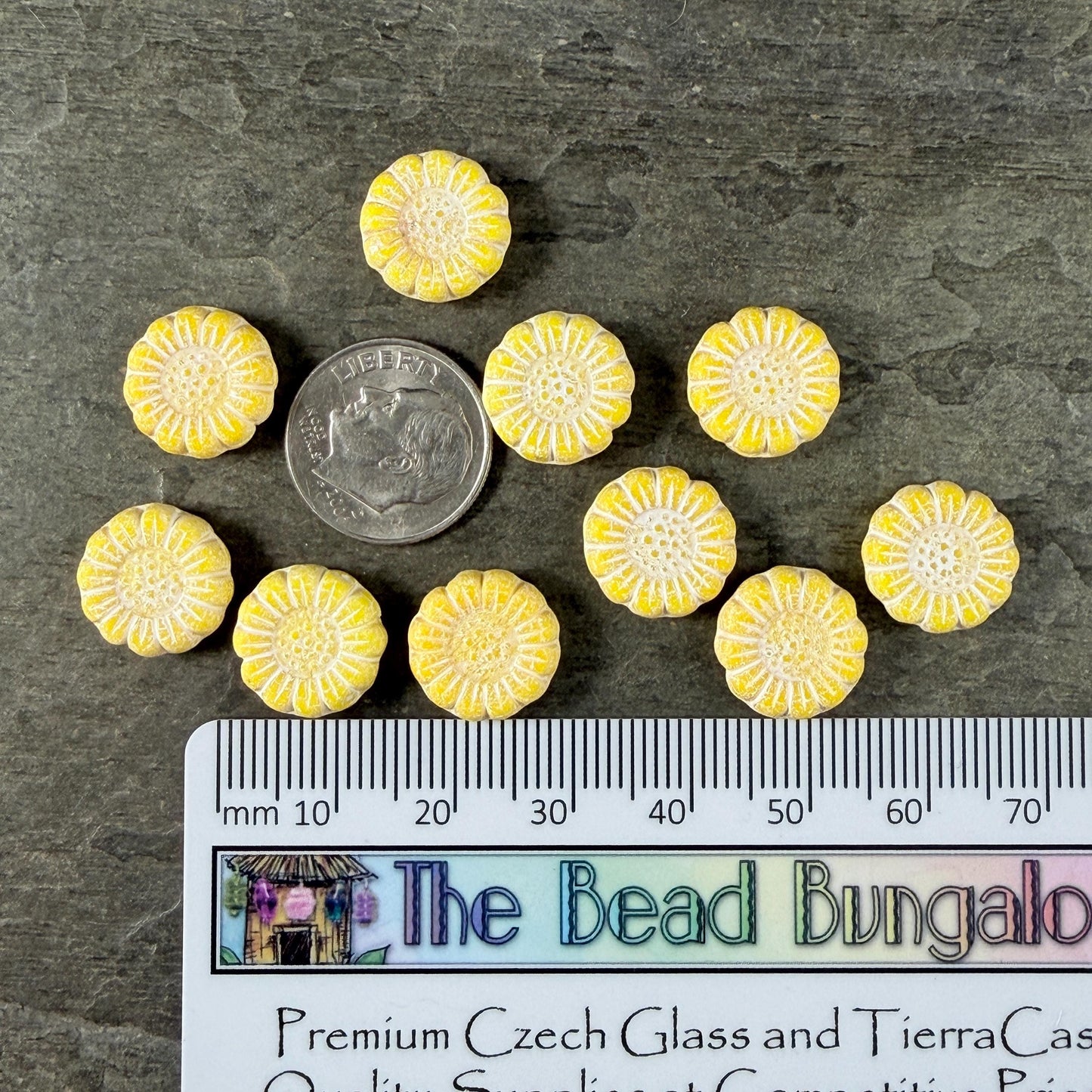 Czech Glass Beads - 13mm Sunflower Bead, Soft Opaque Yellow with White Wash (SFW/N-2231) * Qty. 10