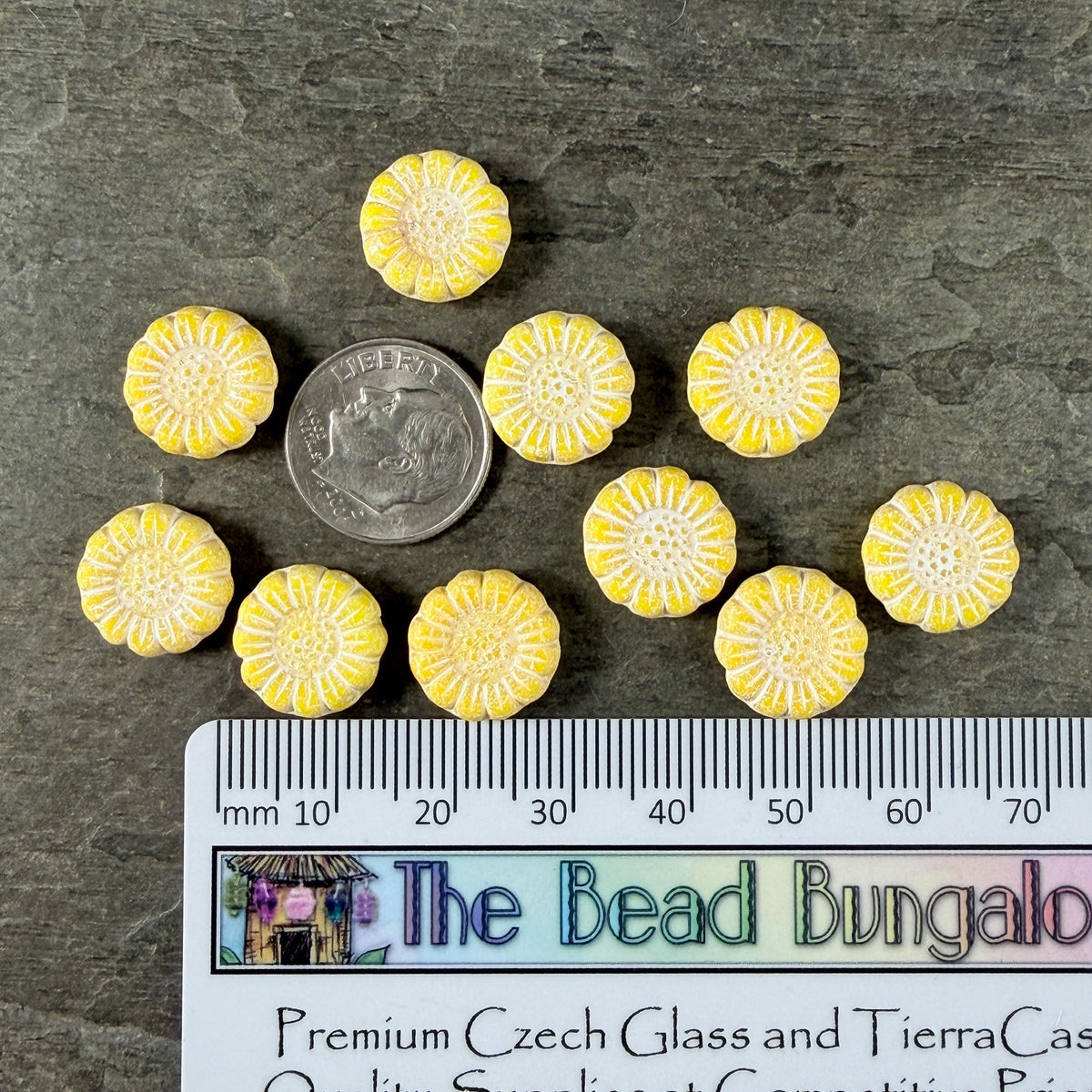 Czech Glass Beads - 13mm Sunflower Bead, Soft Opaque Yellow with White Wash (SFW/N-2231) * Qty. 10