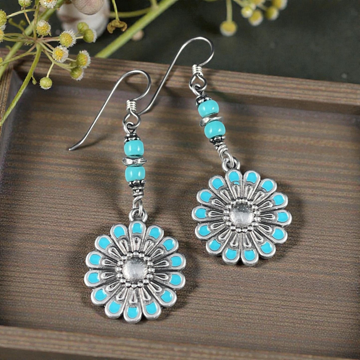 Antiqued Silver Plated Flower Pendant with Turquoise Blue Enamel Accent (PF/14358-72-0299) * Qty. 2