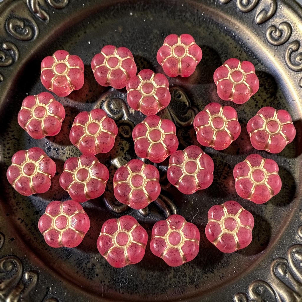 Czech Glass Beads - 8.5mm Watermelon Red Flower with Gold Wash (PTB1) * Qty. 16