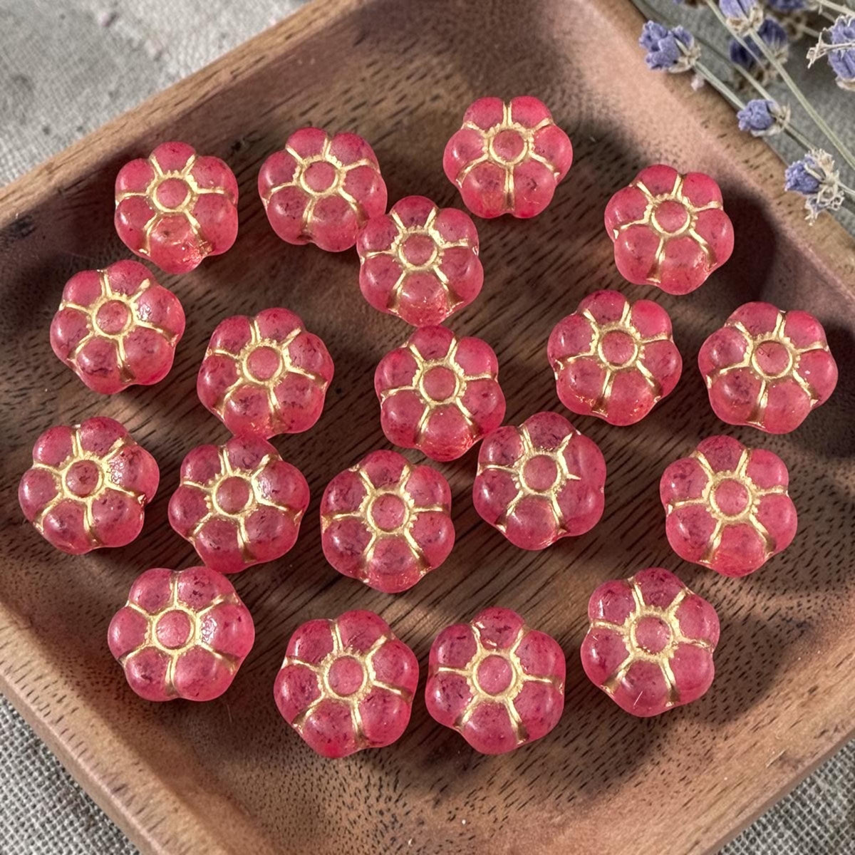 Czech Glass Beads - 8.5mm Watermelon Red Flower with Gold Wash (PTB1) * Qty. 16