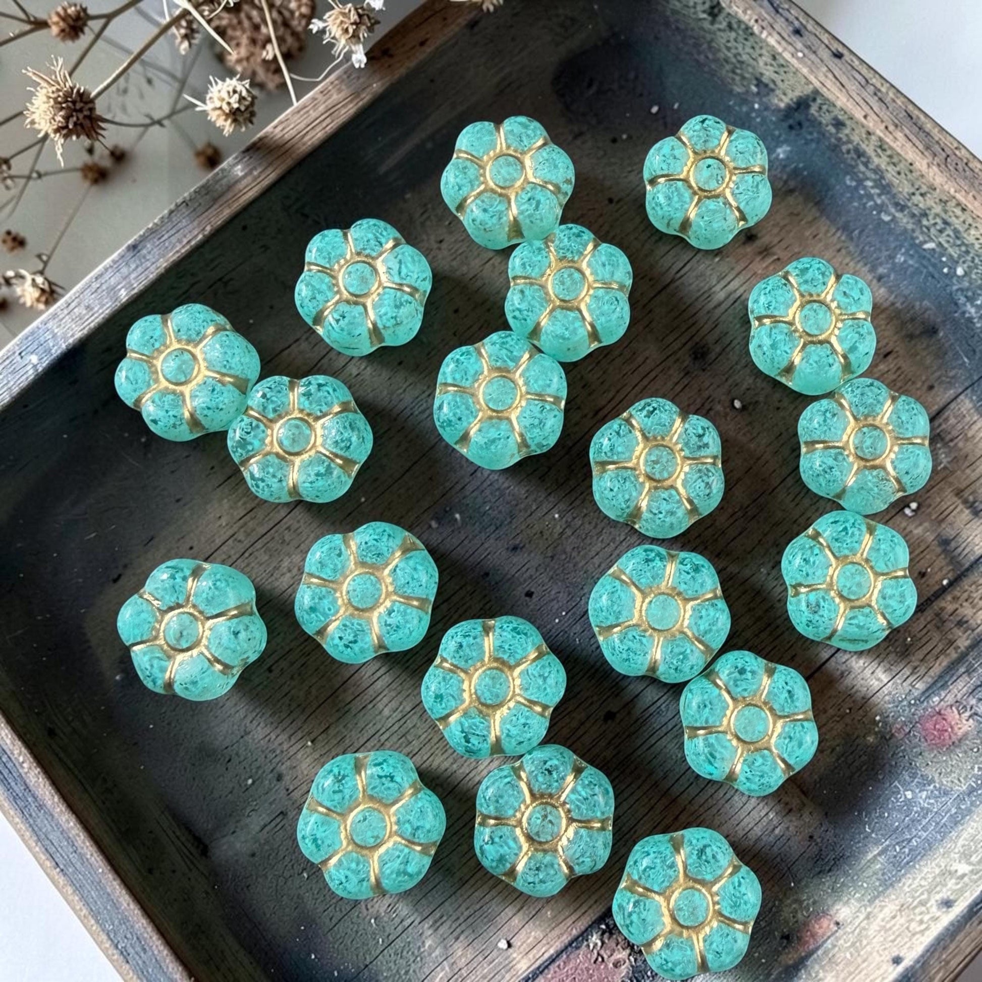 Czech Glass Beads - 8.5mm Aqua Green Flower with Gold Wash (PTB3) * Qty. 16