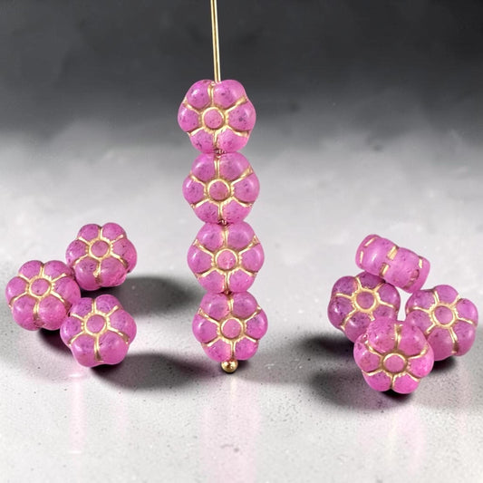 Czech Glass Beads - 8.5mm Bright Pink Flower with Gold Wash (PTB2) * Qty. 16