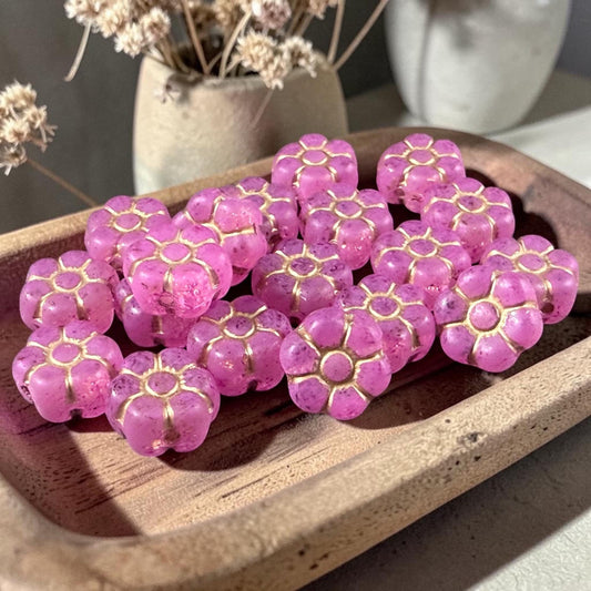 Czech Glass Beads - 8.5mm Bright Pink Flower with Gold Wash (PTB2) * Qty. 16