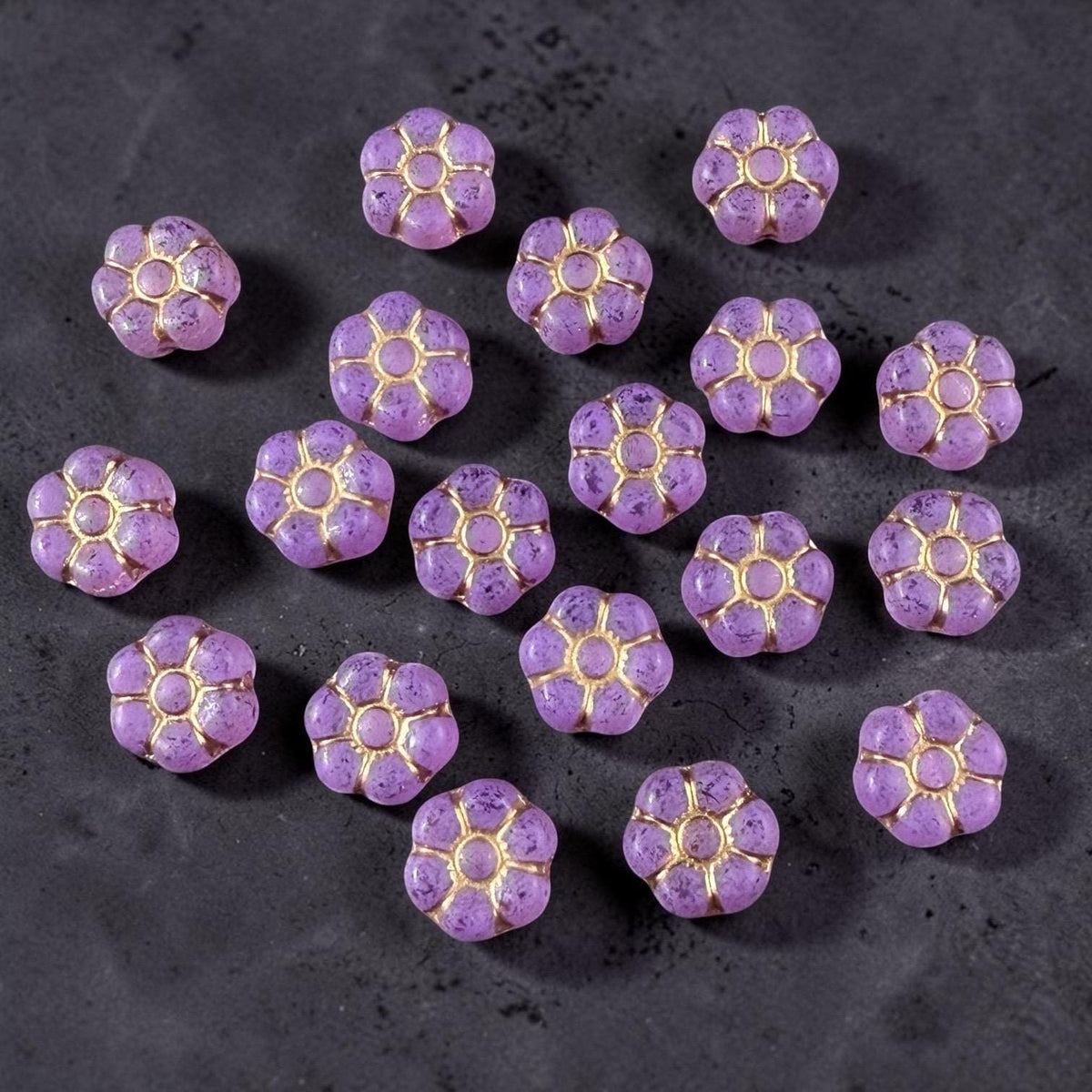 Czech Glass Beads - 8.5mm Light Purple Flower with Gold Wash (PTB4) * Qty. 16