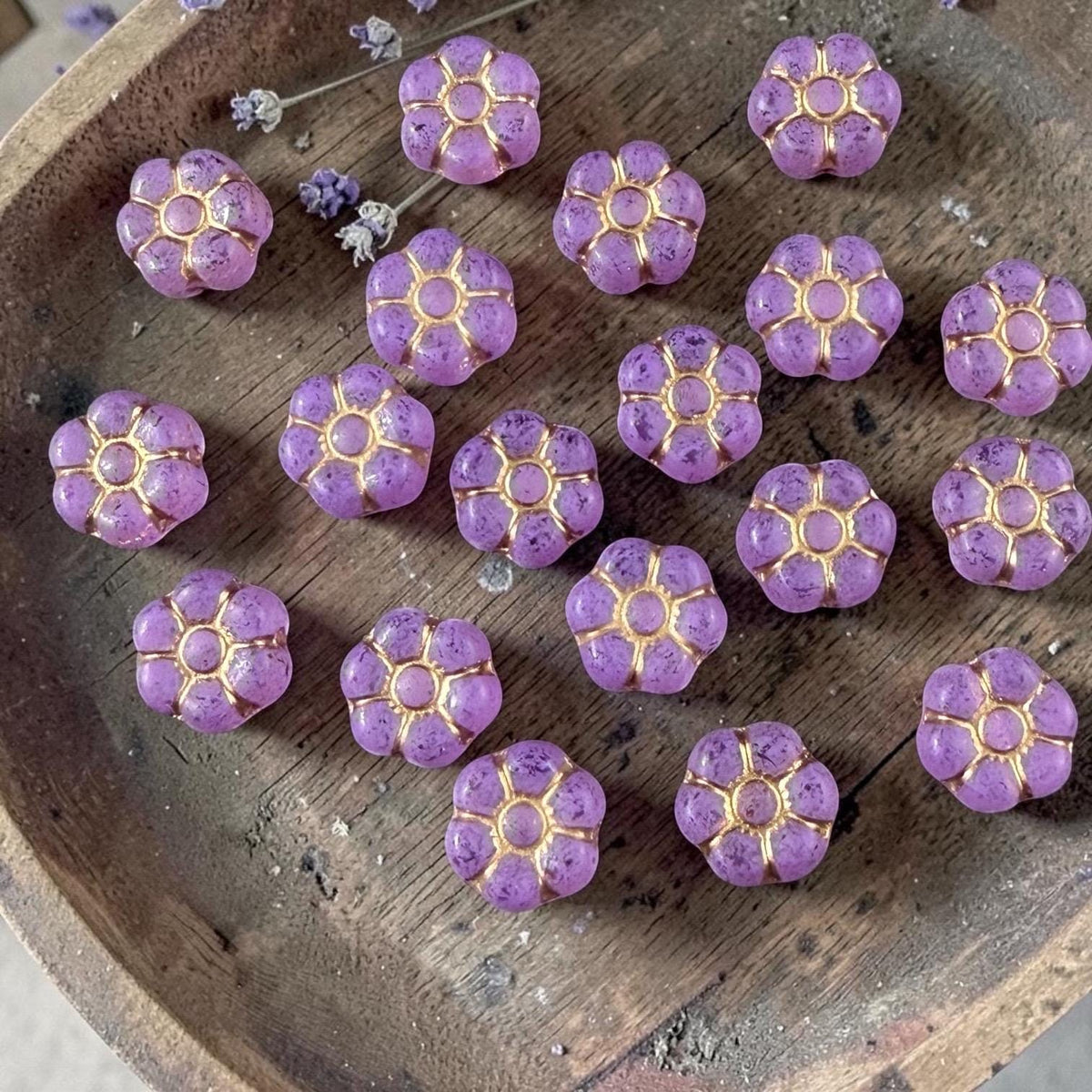 Czech Glass Beads - 8.5mm Light Purple Flower with Gold Wash (PTB4) * Qty. 16